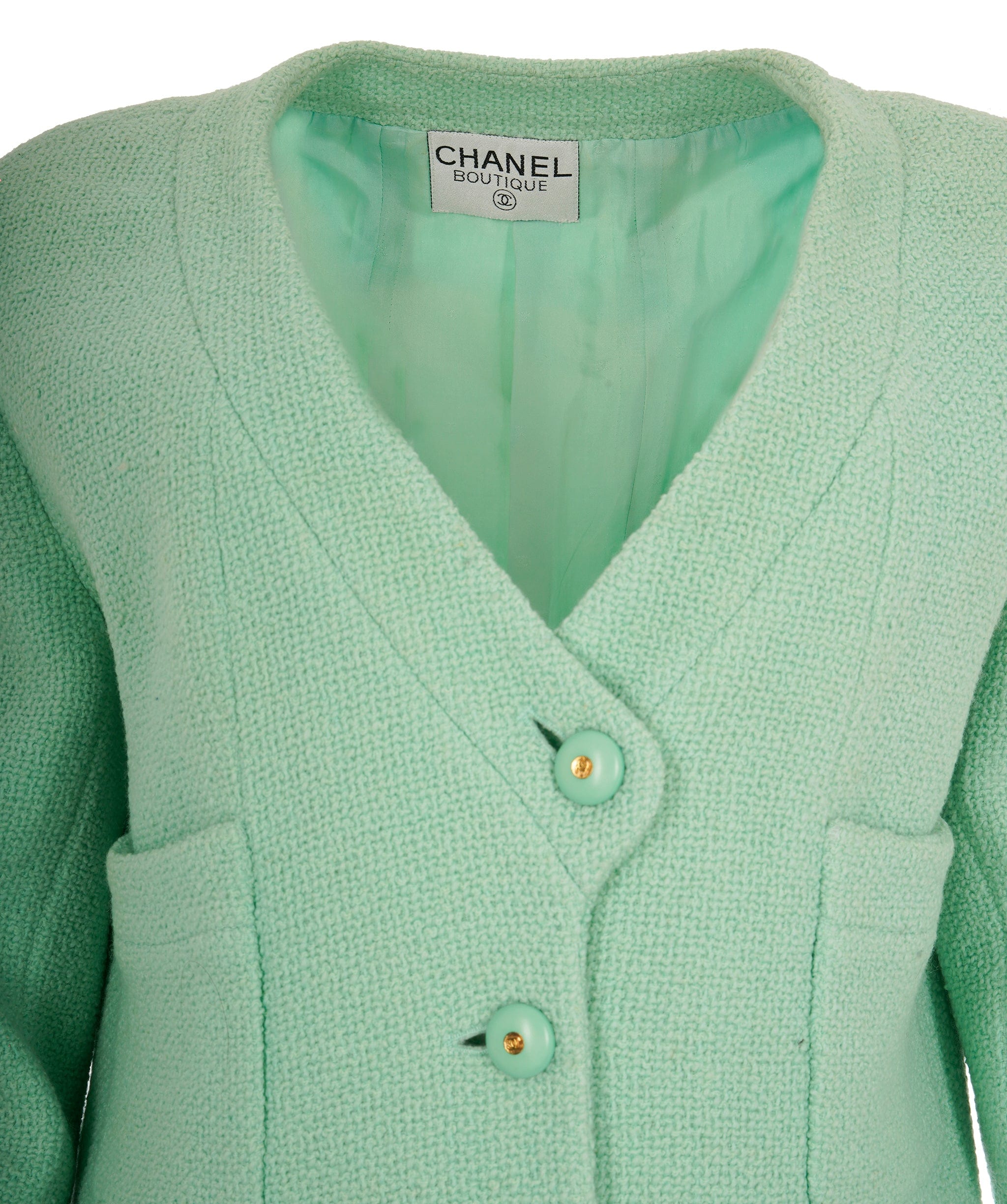 Chanel Chanel Vintage Mint Green V-Neck CC Boucle Jacket ALC1830