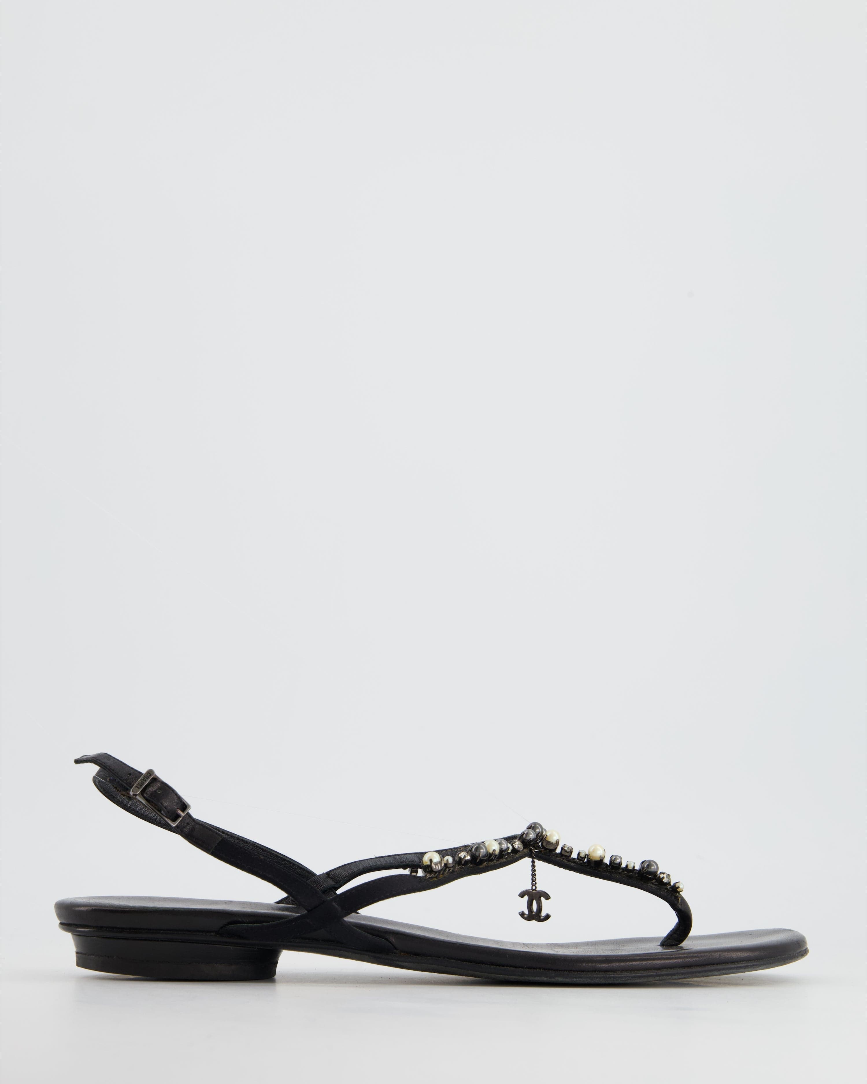 CHANEL Chanel Black Embellished Leather Ankle Strap Sandals with CC Charm Detail Size EU 41