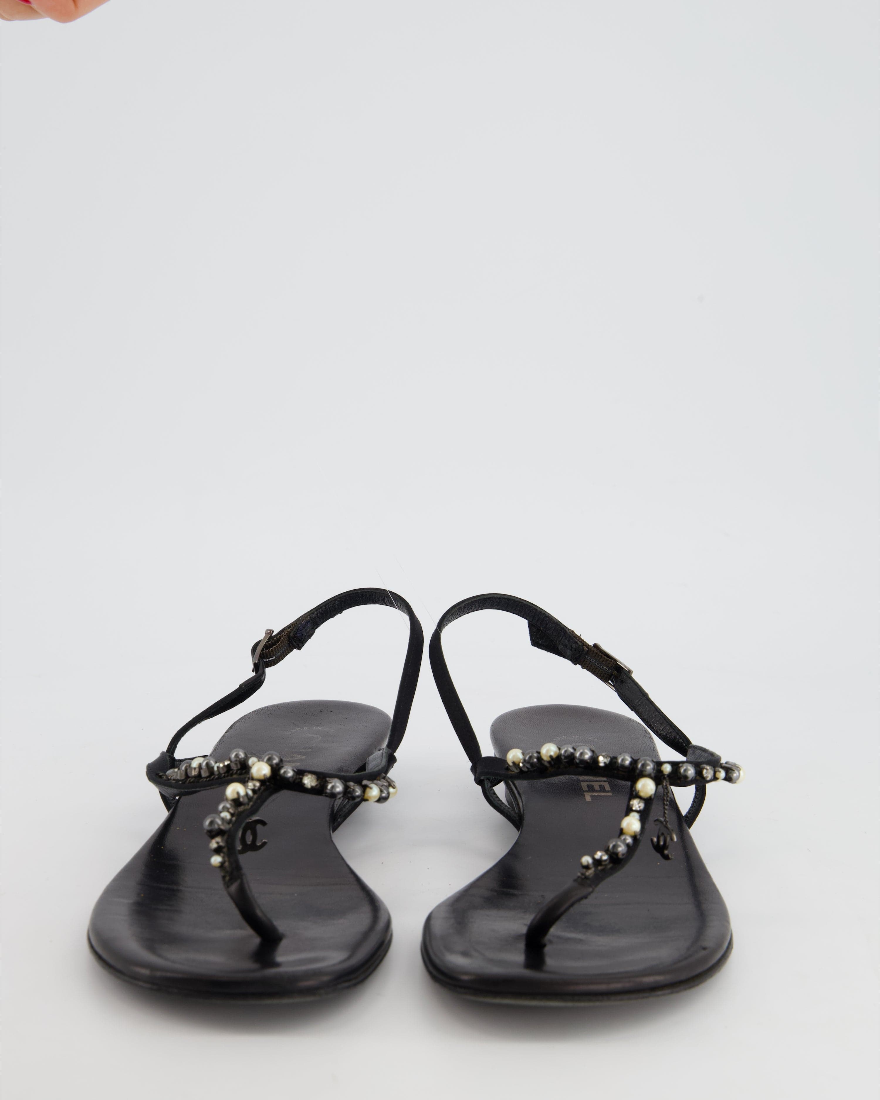 CHANEL Chanel Black Embellished Leather Ankle Strap Sandals with CC Charm Detail Size EU 41