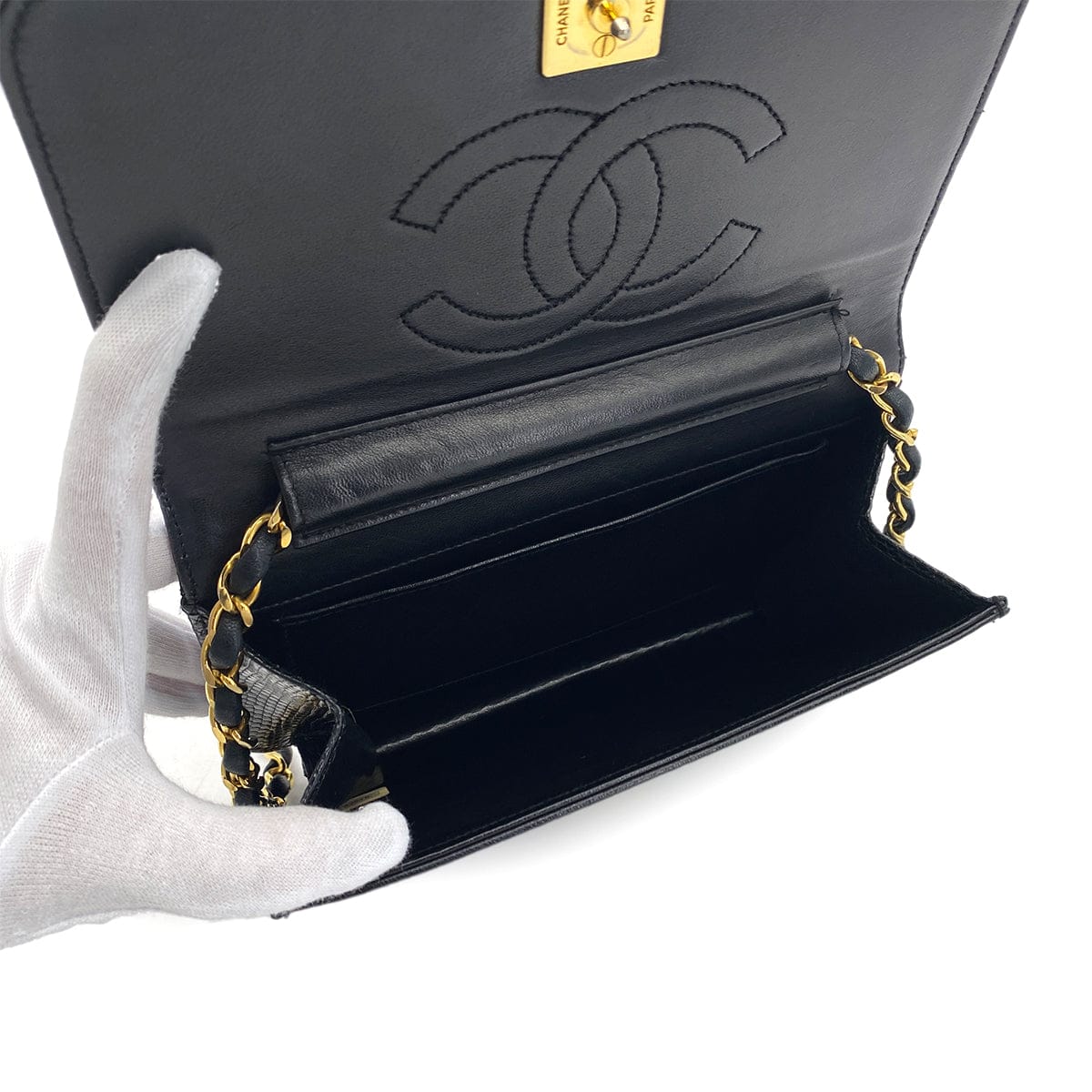 CHANEL VINTAGE CHANEL CHAIN SHOULDER BAG BLACK LIZARD GOLD HARDWARE 90325633