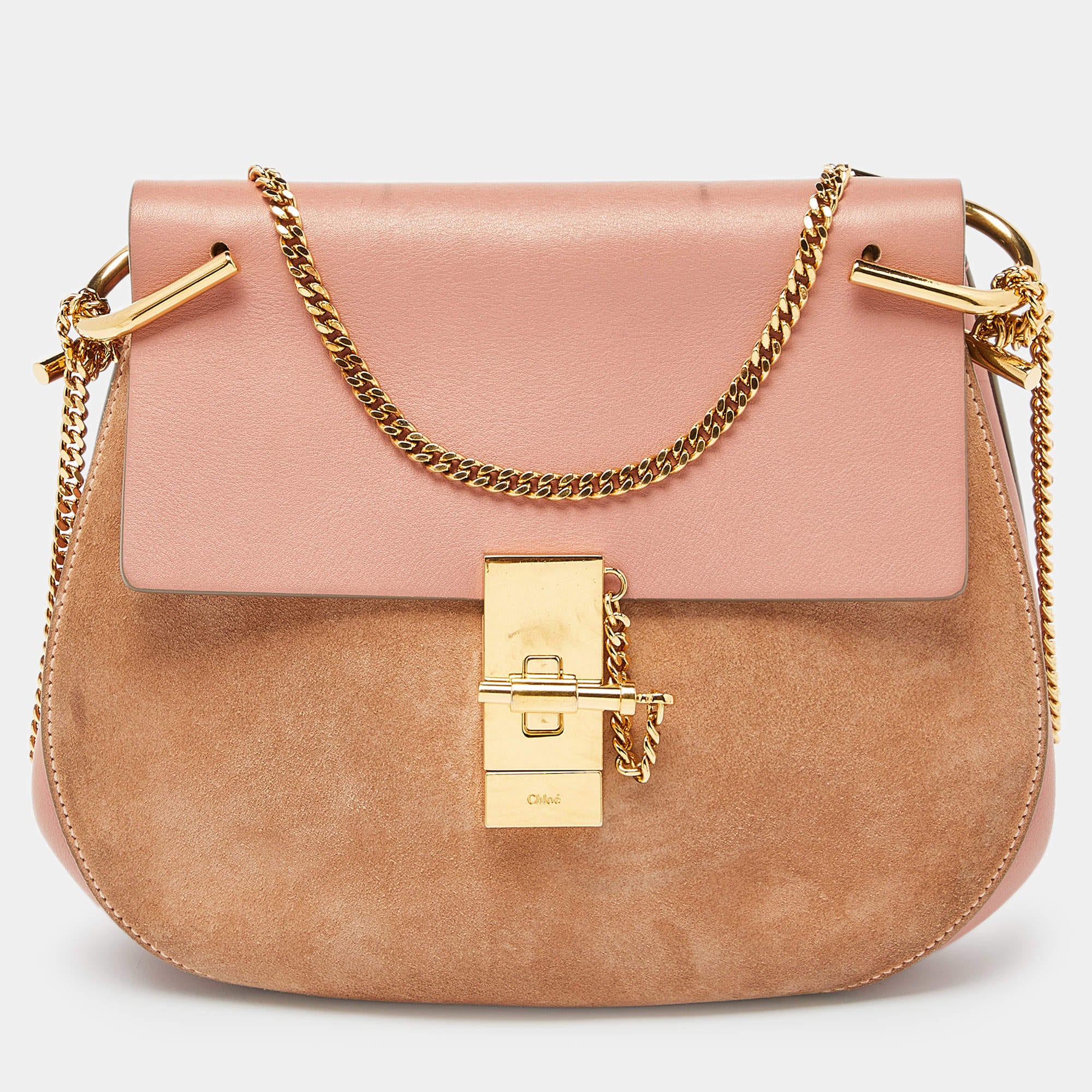 Chloé Chloe Two Tone Peach Leather and Suede Medium Drew Shoulder Bag RJC4349