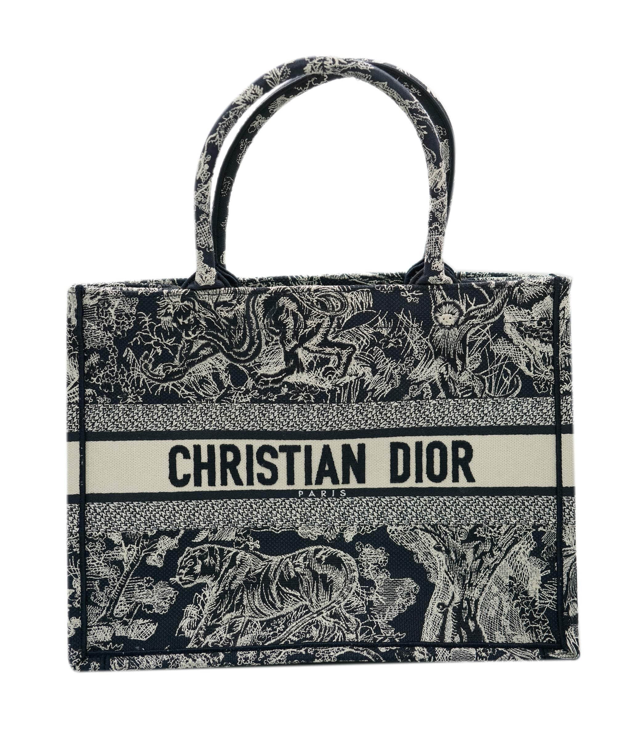 Christian Dior Christian Dior Blue Ecru Toile de Jouy Reverse Embroidery Medium Book Tote ABC0908