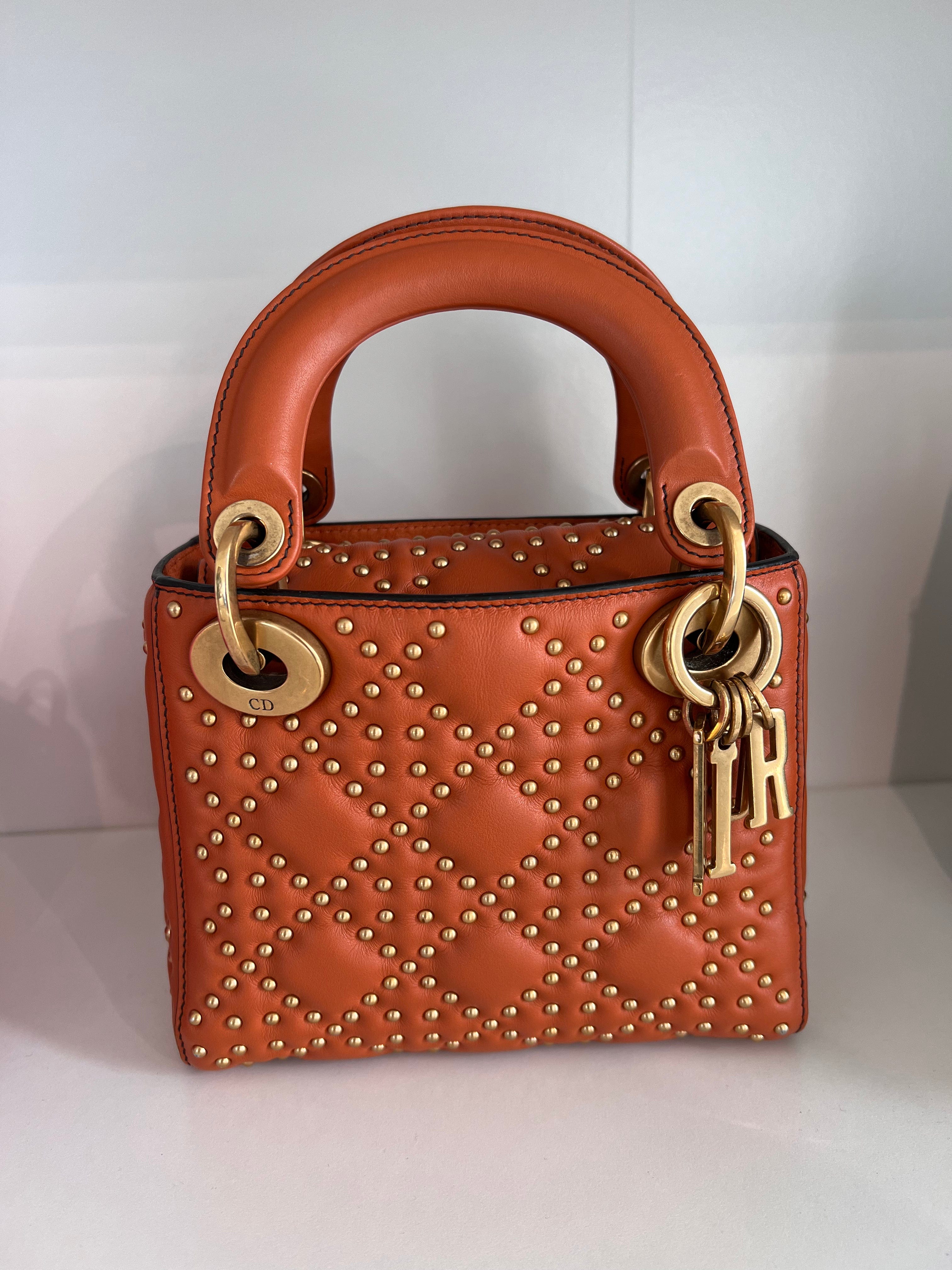 Christian Dior Christian Dior Lady Dior Mini Orange Studded Lambskin GHW SYCM153