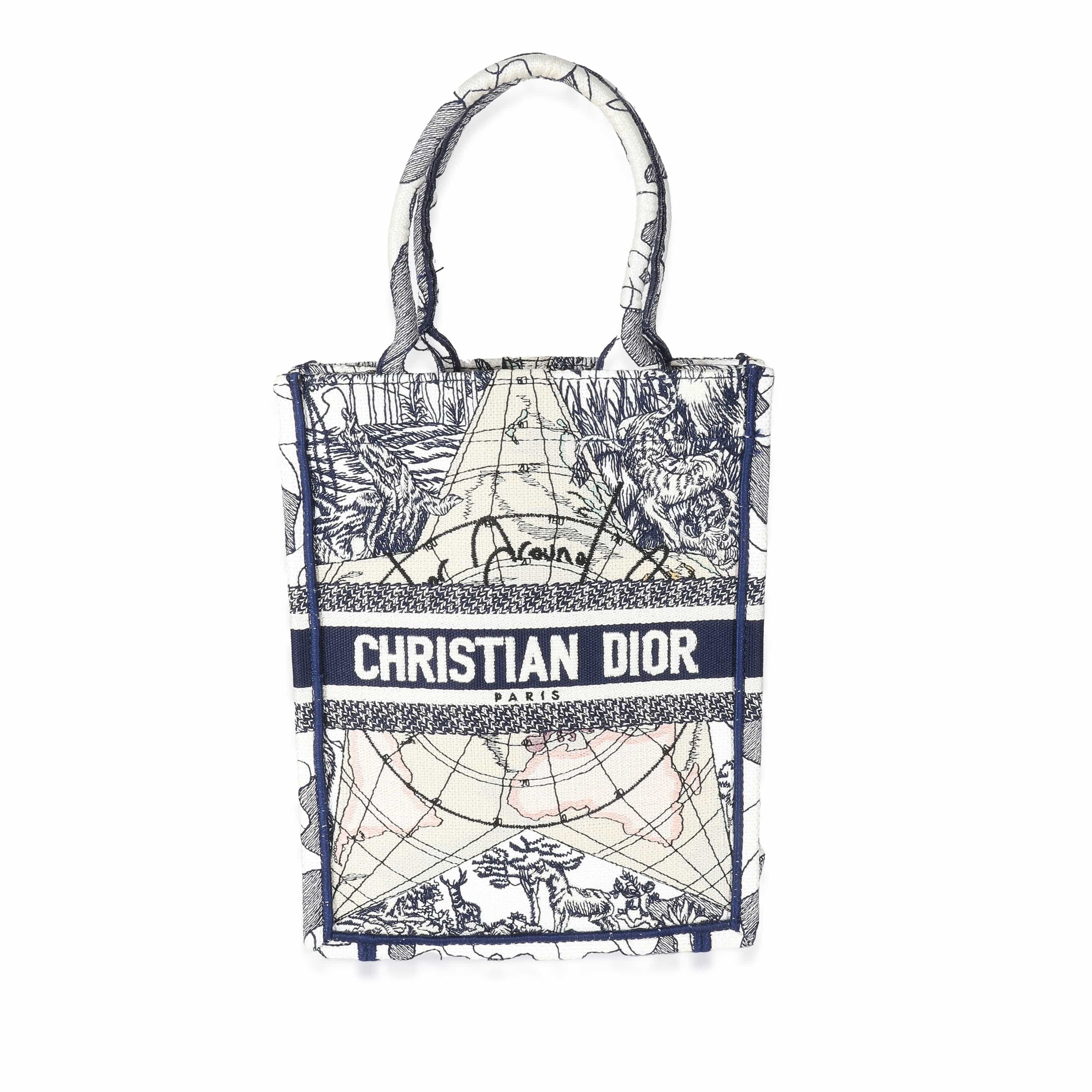 Christian Dior Christian Dior Blue White Embroidered Canvas Vertical Book Tote