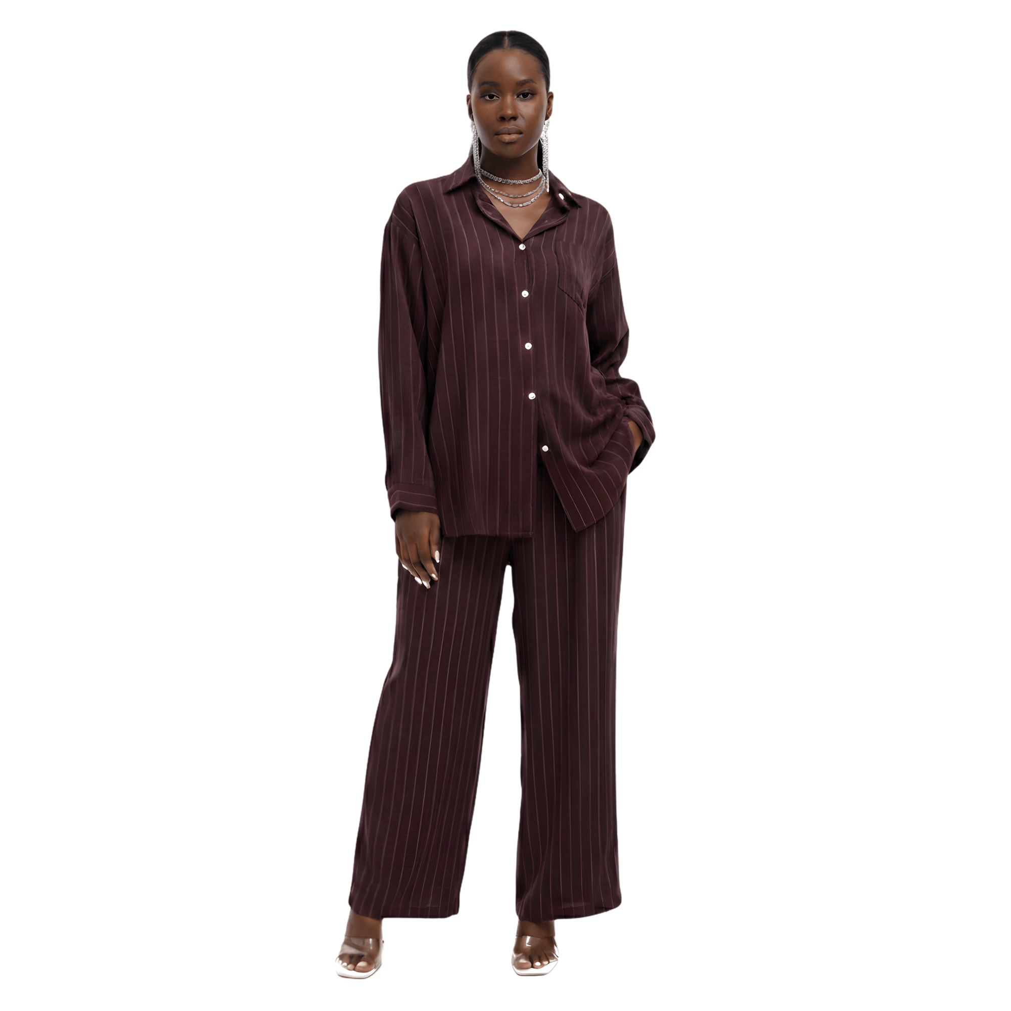 ESSENTIALS5IVE LOOSE FIT STRIPED 2PC SET زوج (SHIRT & PANTS قميص وبنطلون) “JANE LEE"