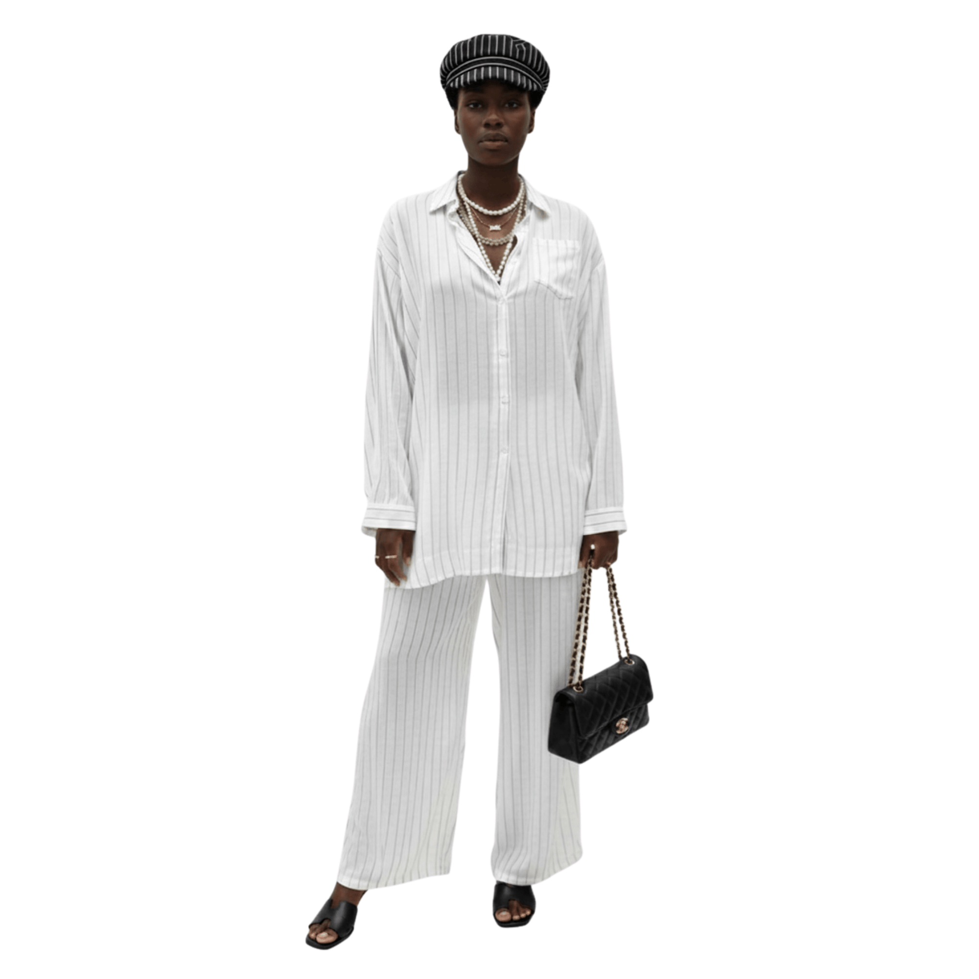 ESSENTIALS5IVE LOOSE FIT STRIPED 2PC SET زوج (SHIRT & PANTS قميص وبنطلون) “JANE LEE"