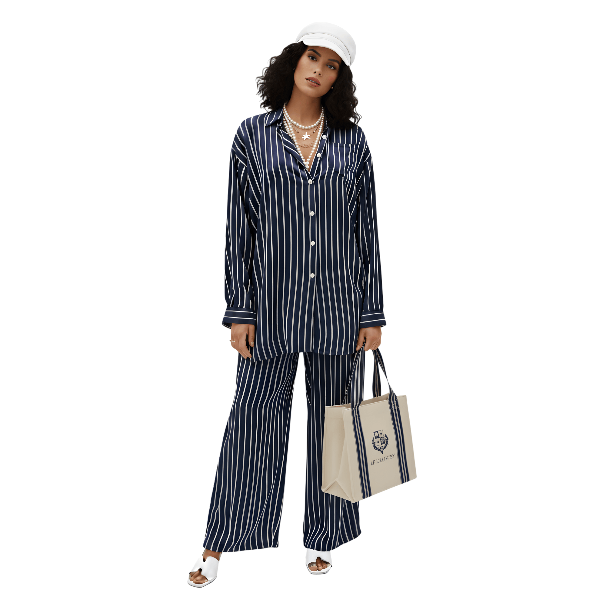 ESSENTIALS5IVE LOOSE FIT STRIPED 2PC SET زوج (SHIRT & PANTS قميص وبنطلون) “JANE LEE"