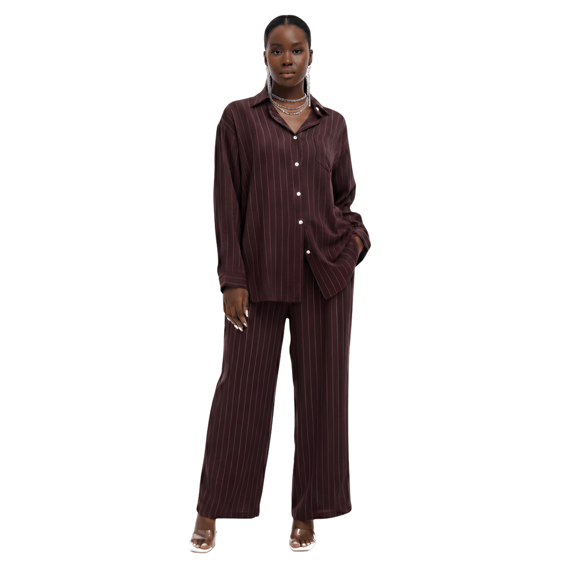 ESSENTIALS5IVE LOOSE FIT STRIPED 2PC SET زوج (SHIRT & PANTS قميص وبنطلون) “JANE LEE"