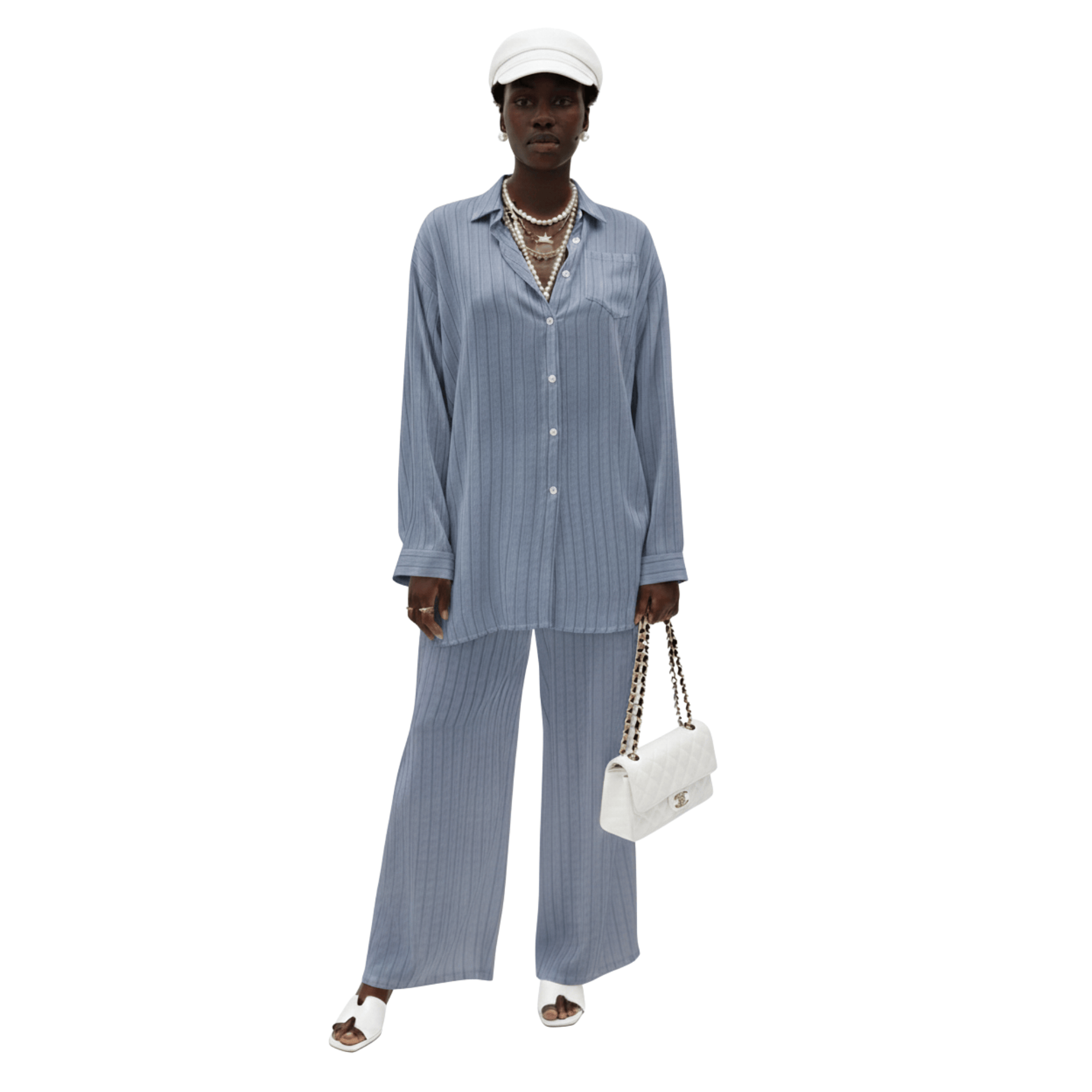 ESSENTIALS5IVE LOOSE FIT STRIPED 2PC SET زوج (SHIRT & PANTS قميص وبنطلون) “JANE LEE"