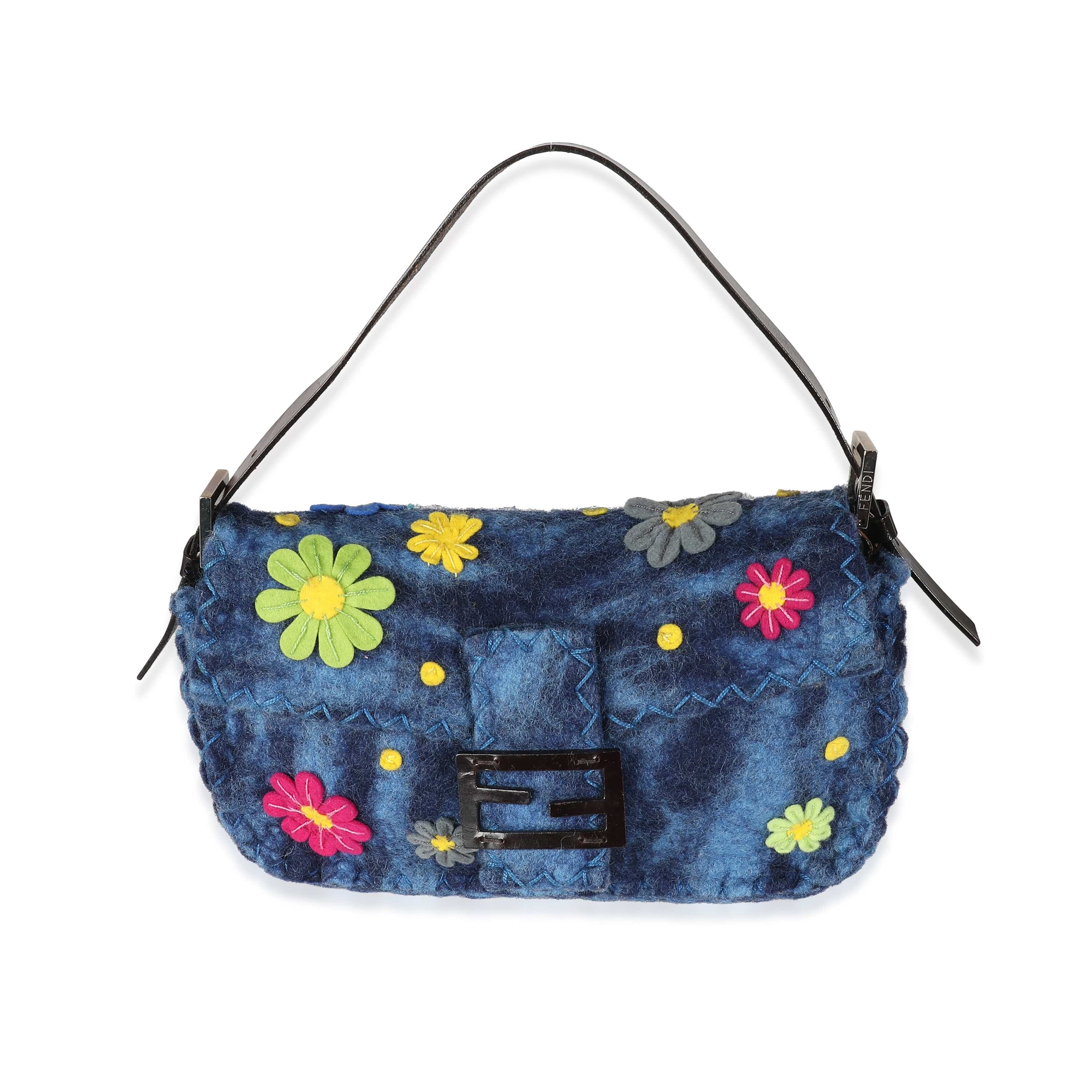 Fendi Fendi Blue Multicolor Wool Flower Baguette Bag