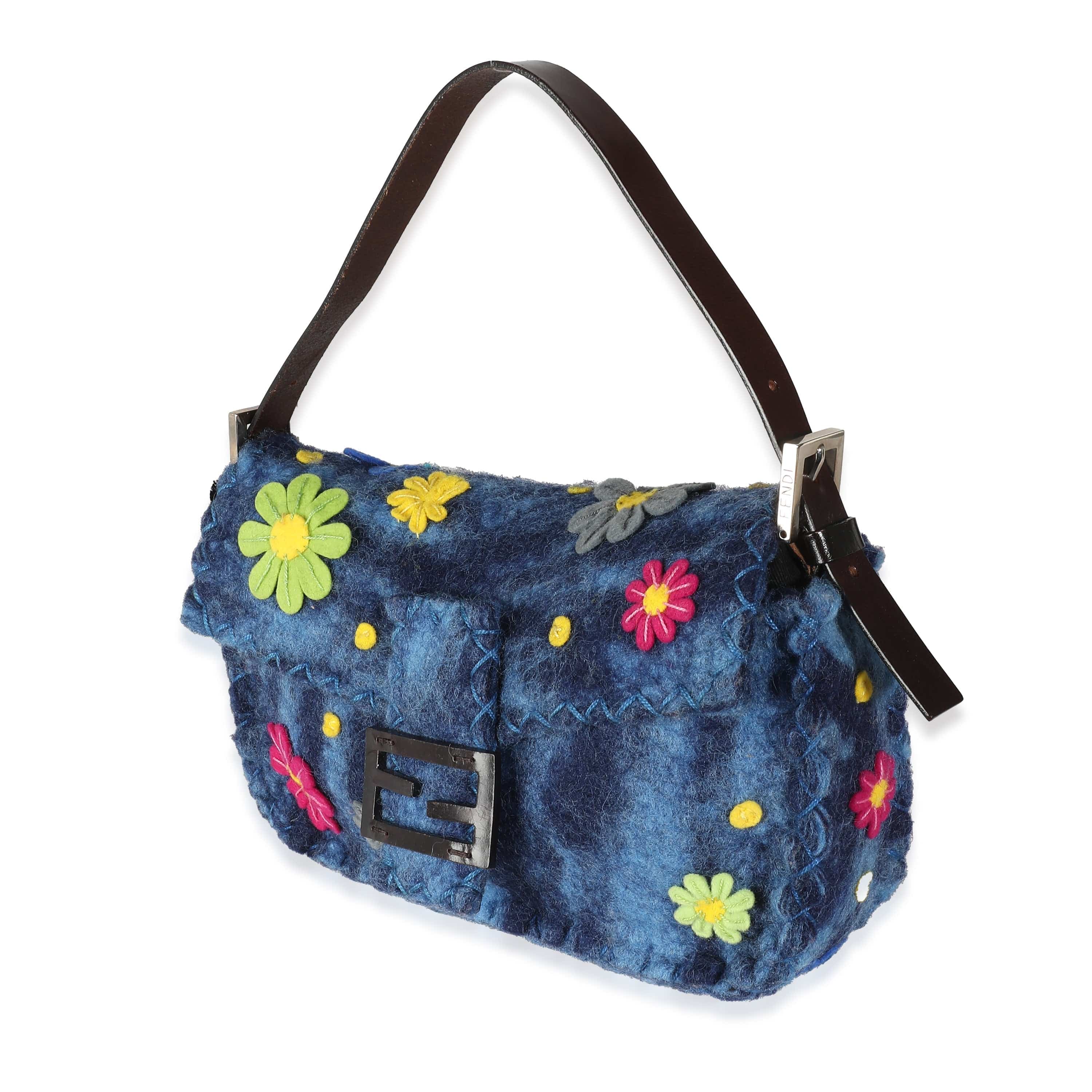 Fendi Fendi Blue Multicolor Wool Flower Baguette Bag