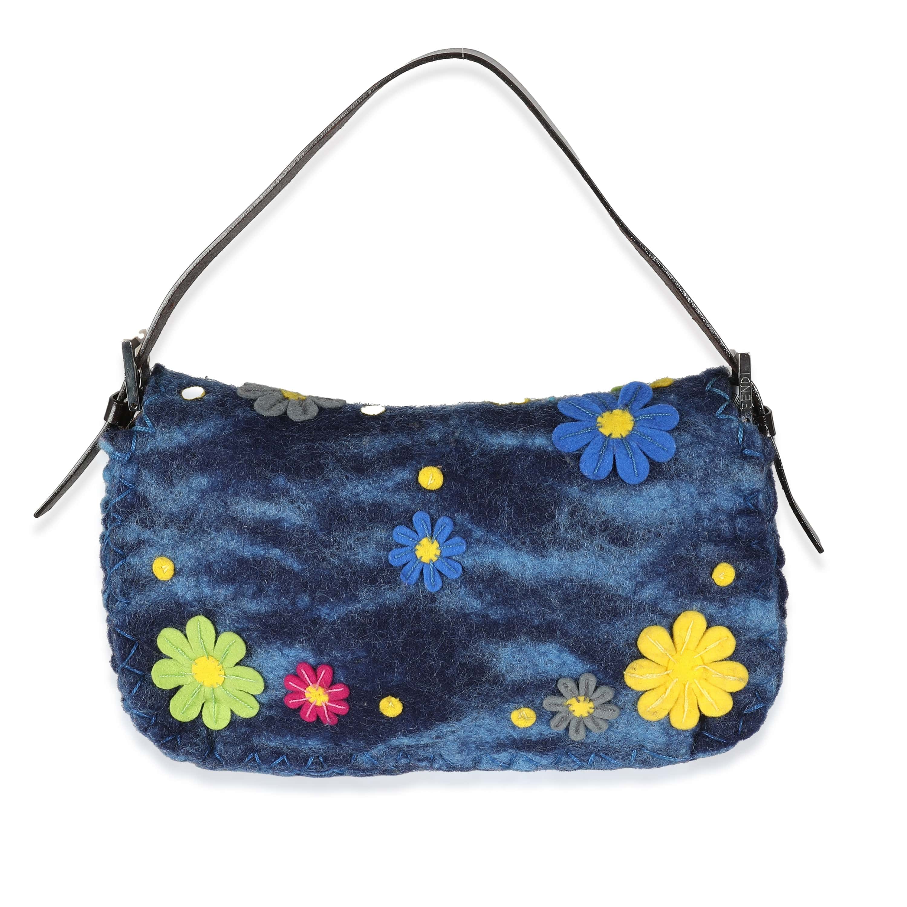 Fendi Fendi Blue Multicolor Wool Flower Baguette Bag