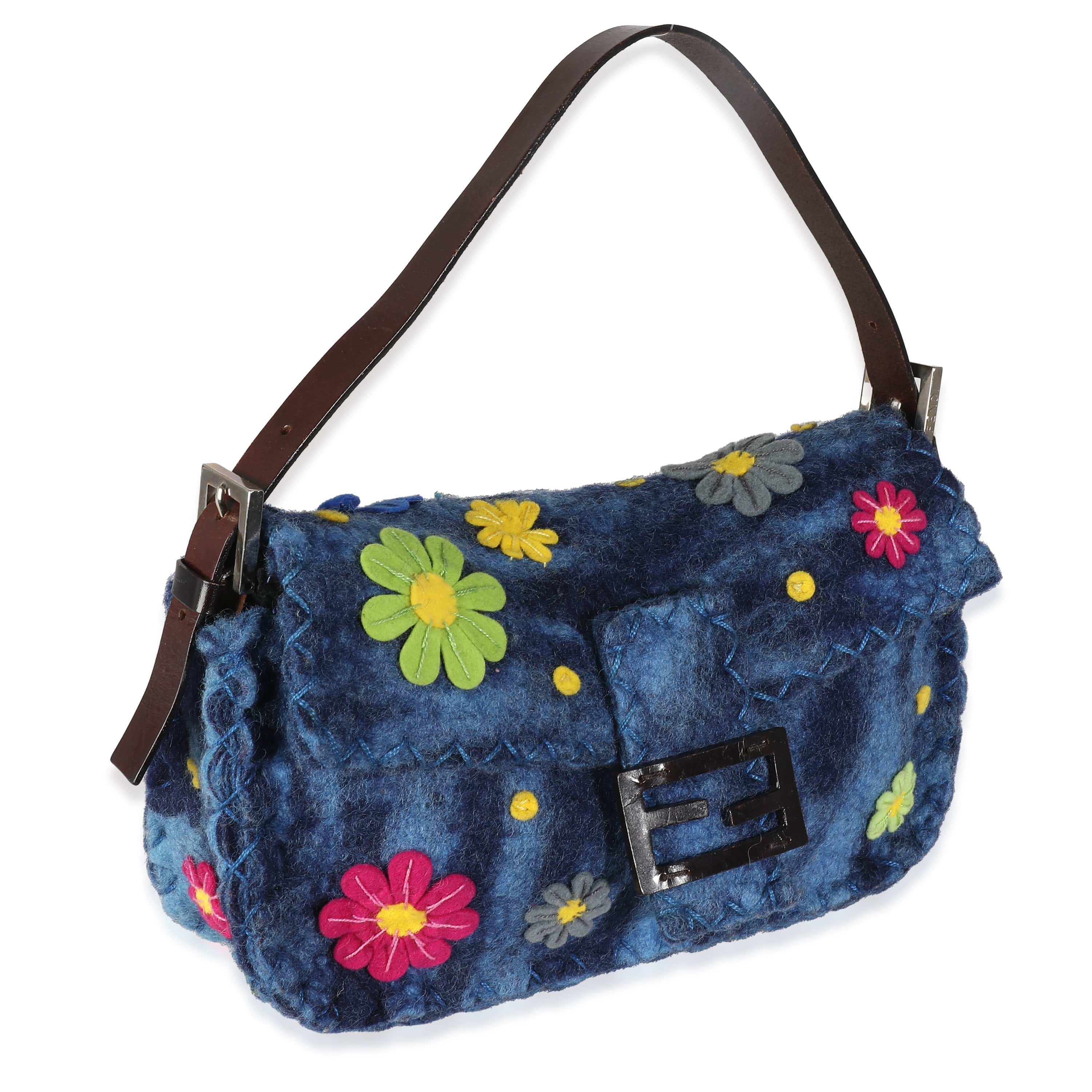 Fendi Fendi Blue Multicolor Wool Flower Baguette Bag