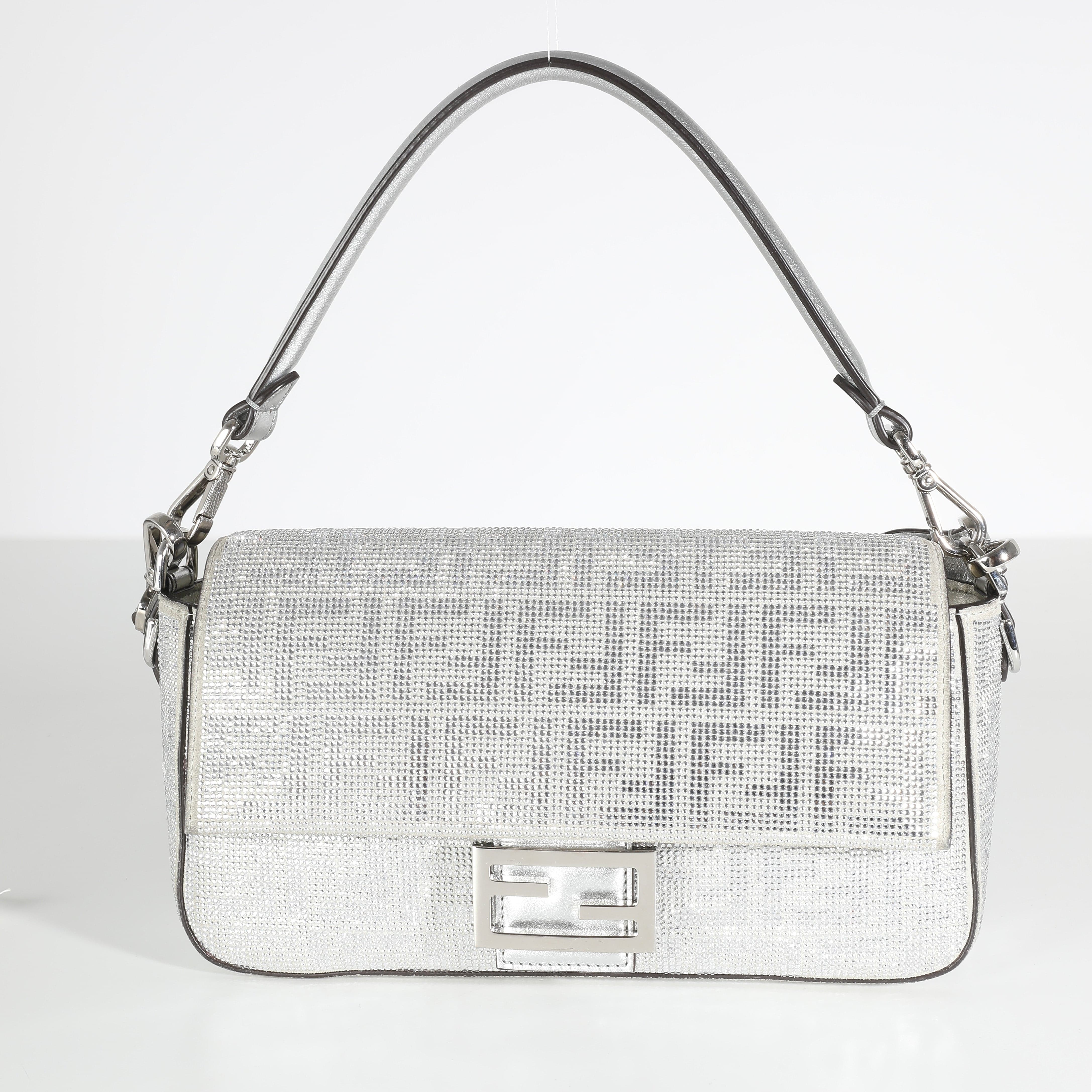 Fendi Silver Suede FF Crystal Iconic Medium Baguette Bag