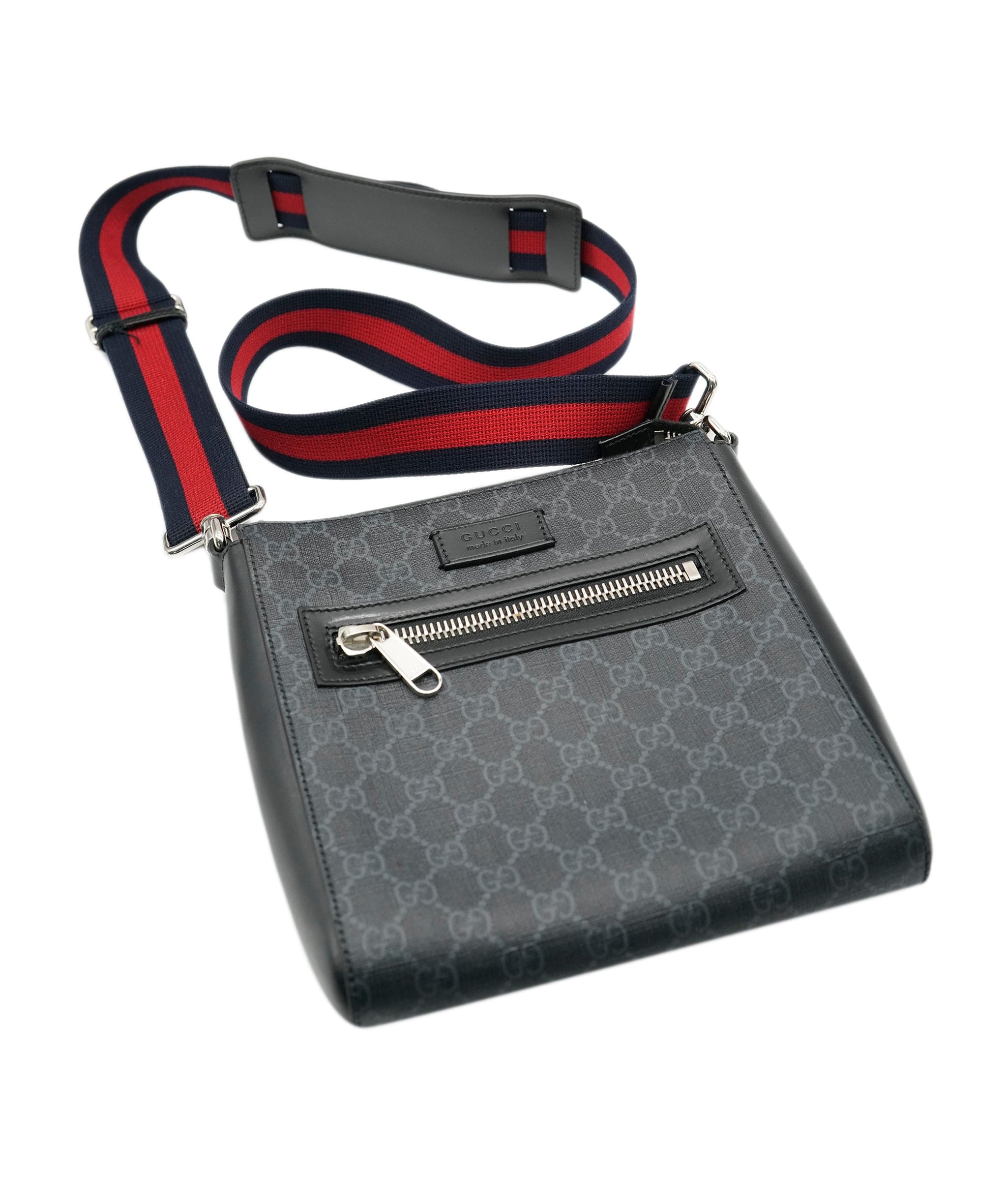 Gucci Gucci Black Coated Crossbody bag with Red/Navy Strap ALC0886