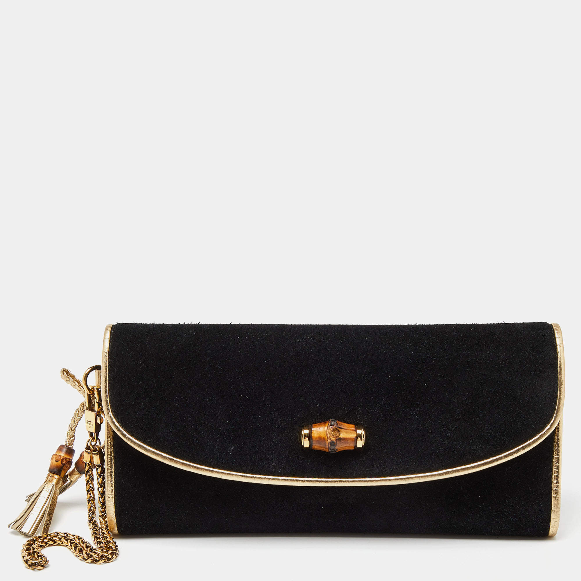 Gucci Gucci Black/Gold Suede Bamboo Wristlet Clutch RJC4362