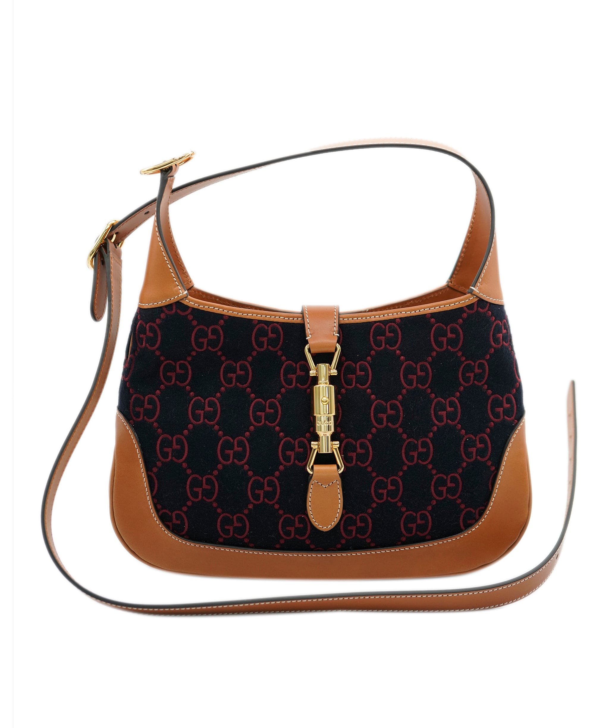 Gucci Gucci Navy Burgundy GG Embroidered Felt Small Jackie 1961 ABC0895