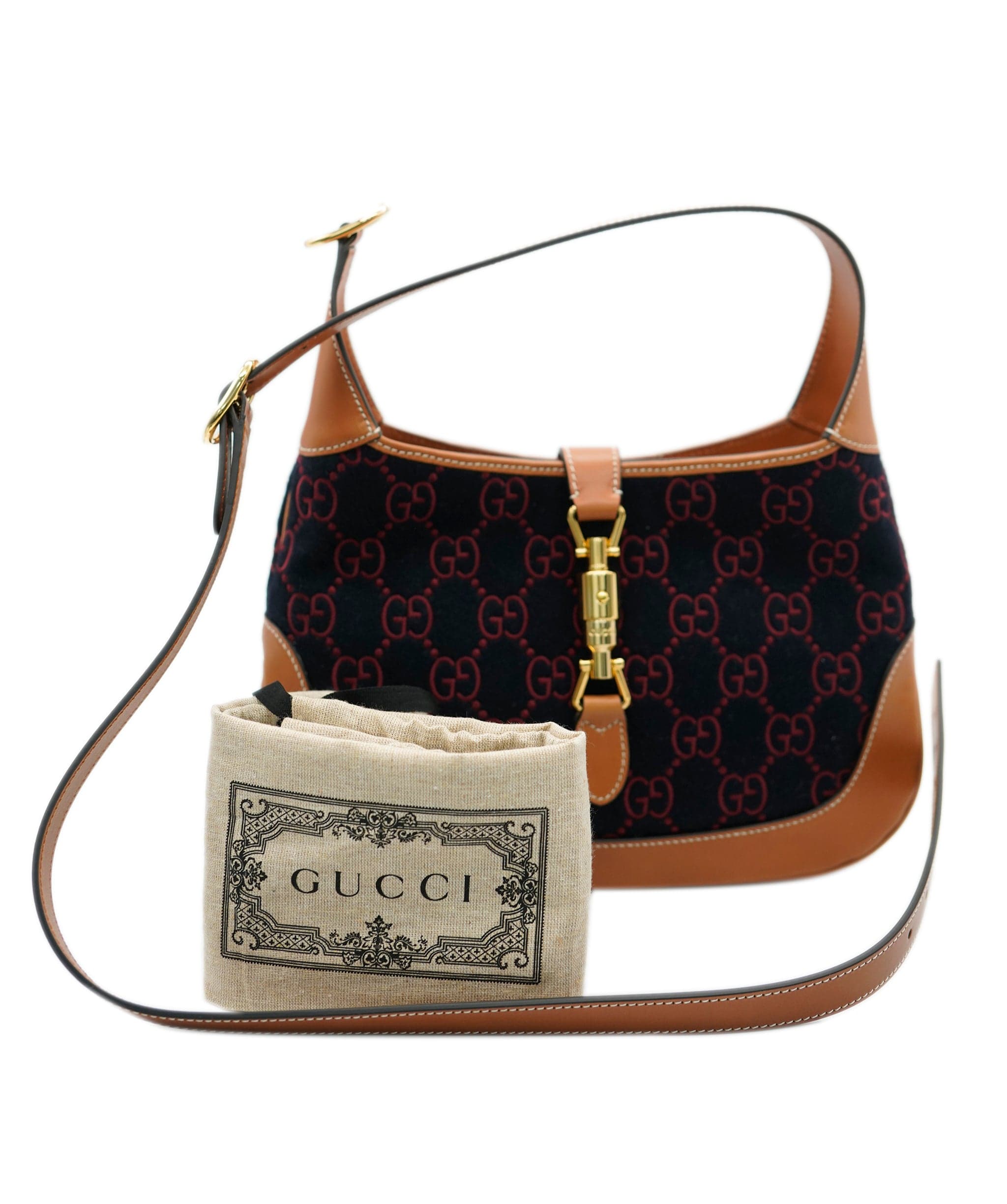 Gucci Gucci Navy Burgundy GG Embroidered Felt Small Jackie 1961 ABC0895