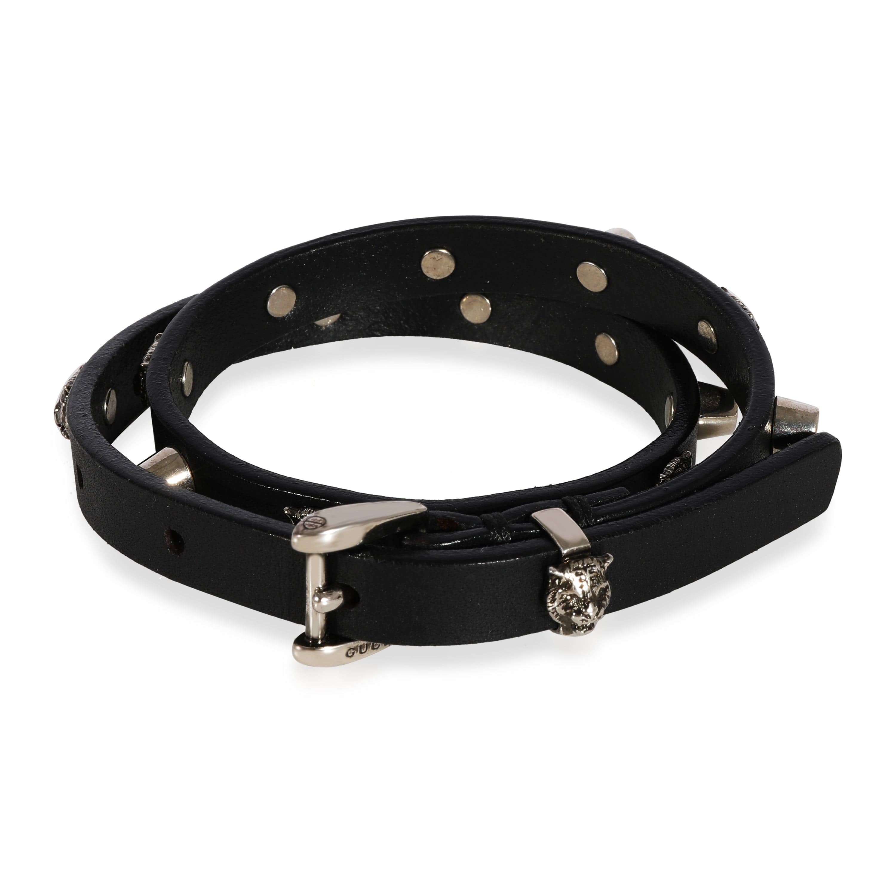 Gucci Gucci Black Leather Double Wrap Bracelet with Feline Heads & Studs