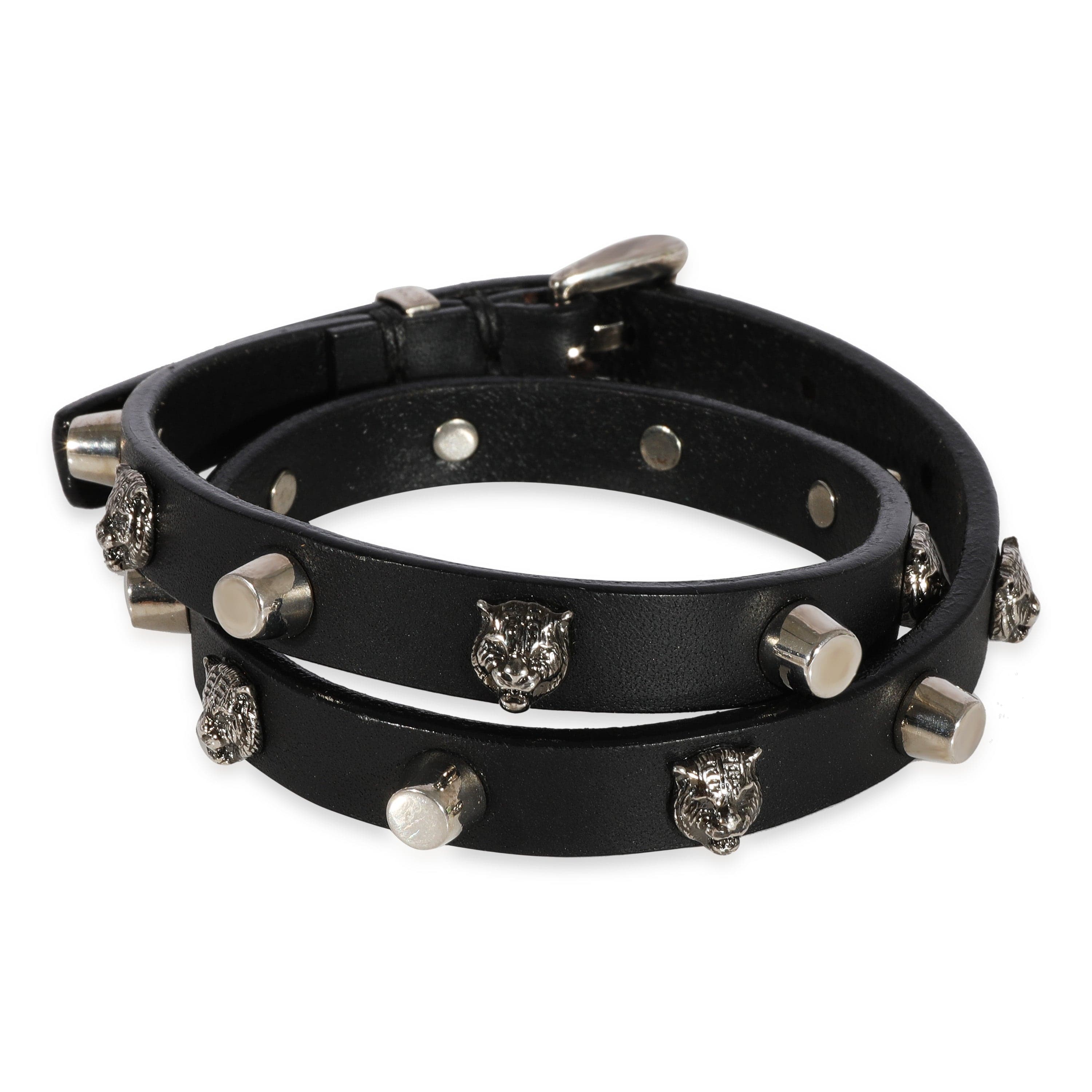 Gucci Gucci Black Leather Double Wrap Bracelet with Feline Heads & Studs