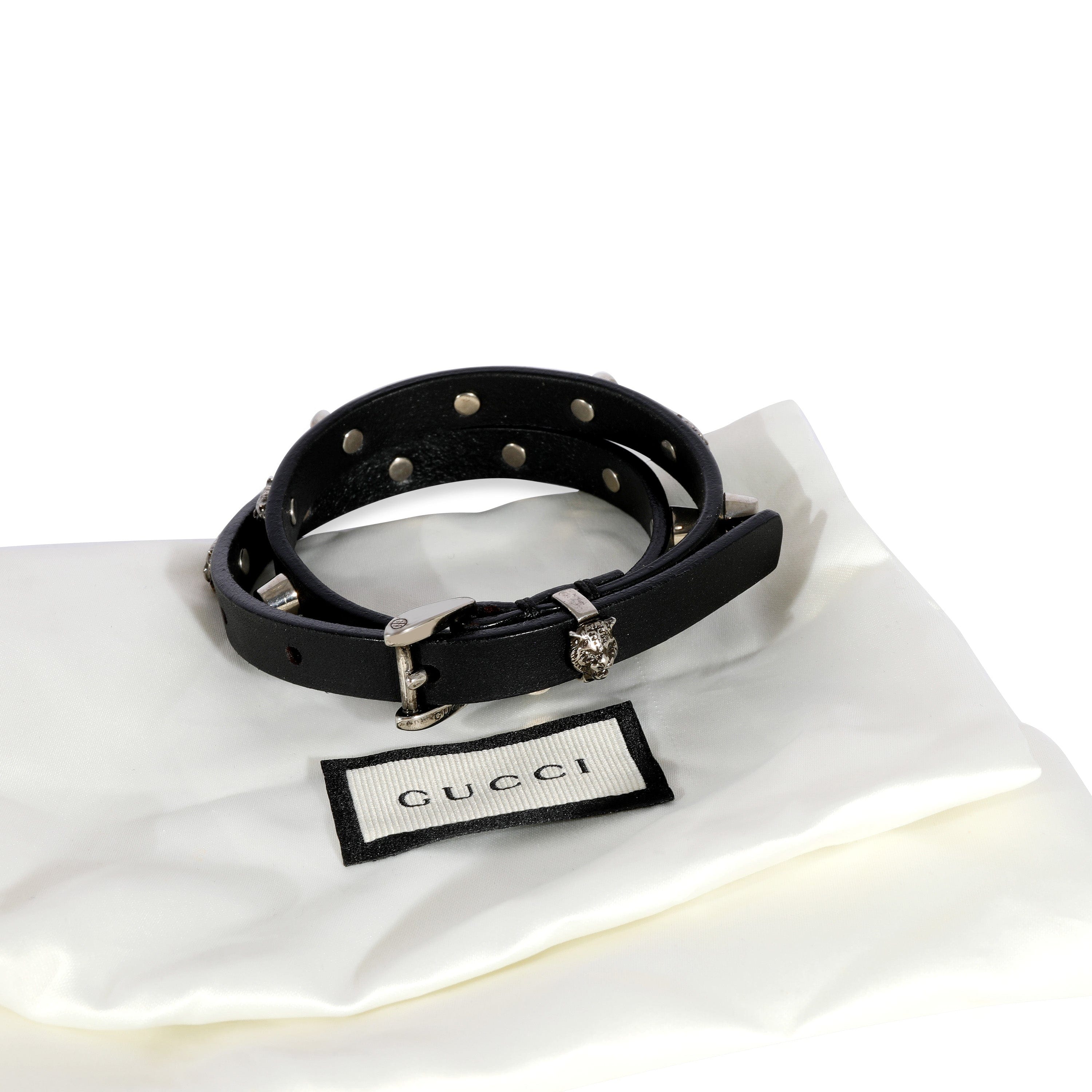 Gucci Gucci Black Leather Double Wrap Bracelet with Feline Heads & Studs