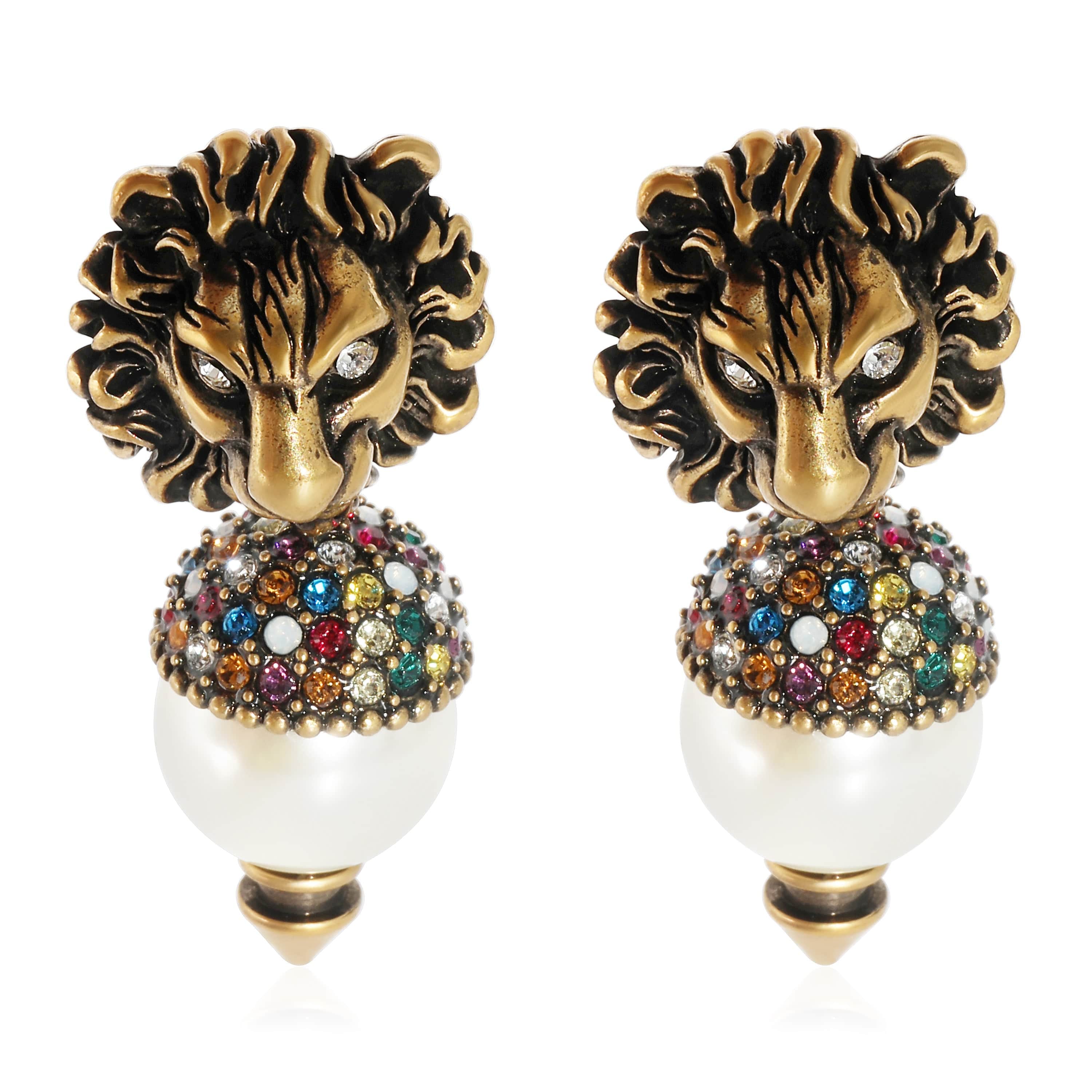 Gucci Gucci Lion Head Faux Pearl & Crystal Brass Tone Earrings