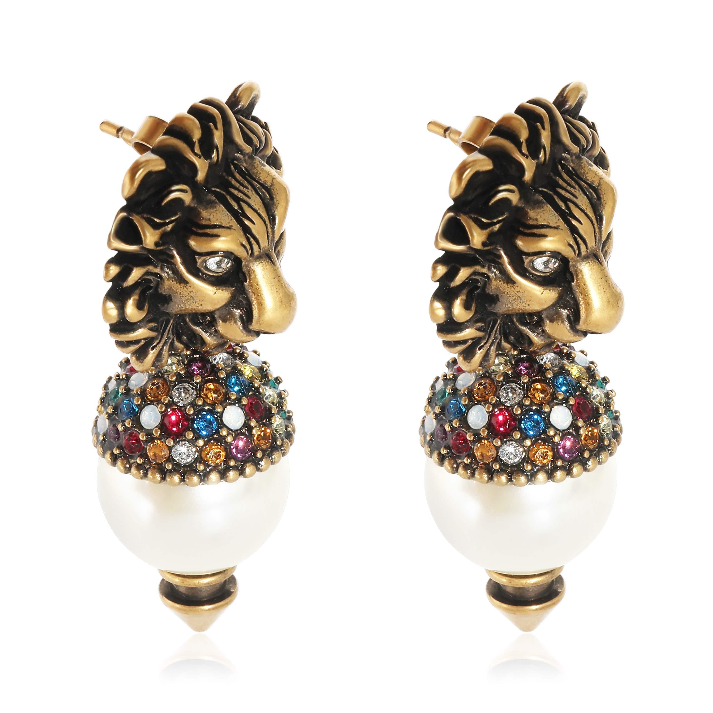 Gucci Gucci Lion Head Faux Pearl & Crystal Brass Tone Earrings