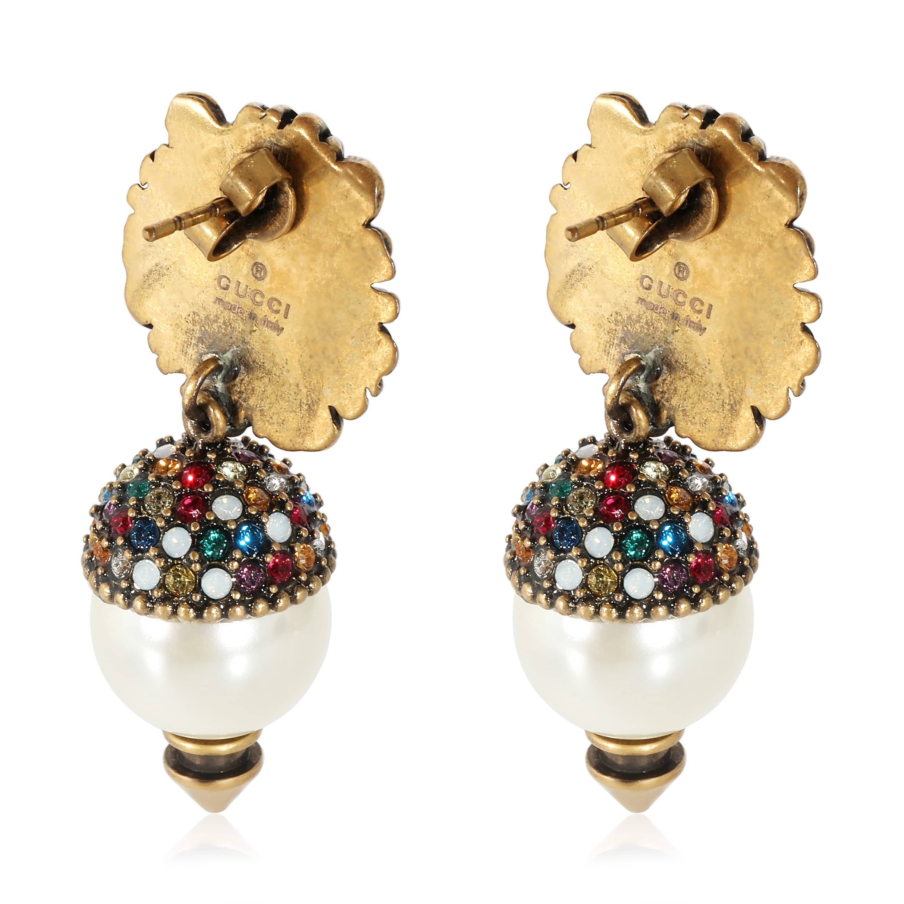 Gucci Gucci Lion Head Faux Pearl & Crystal Brass Tone Earrings