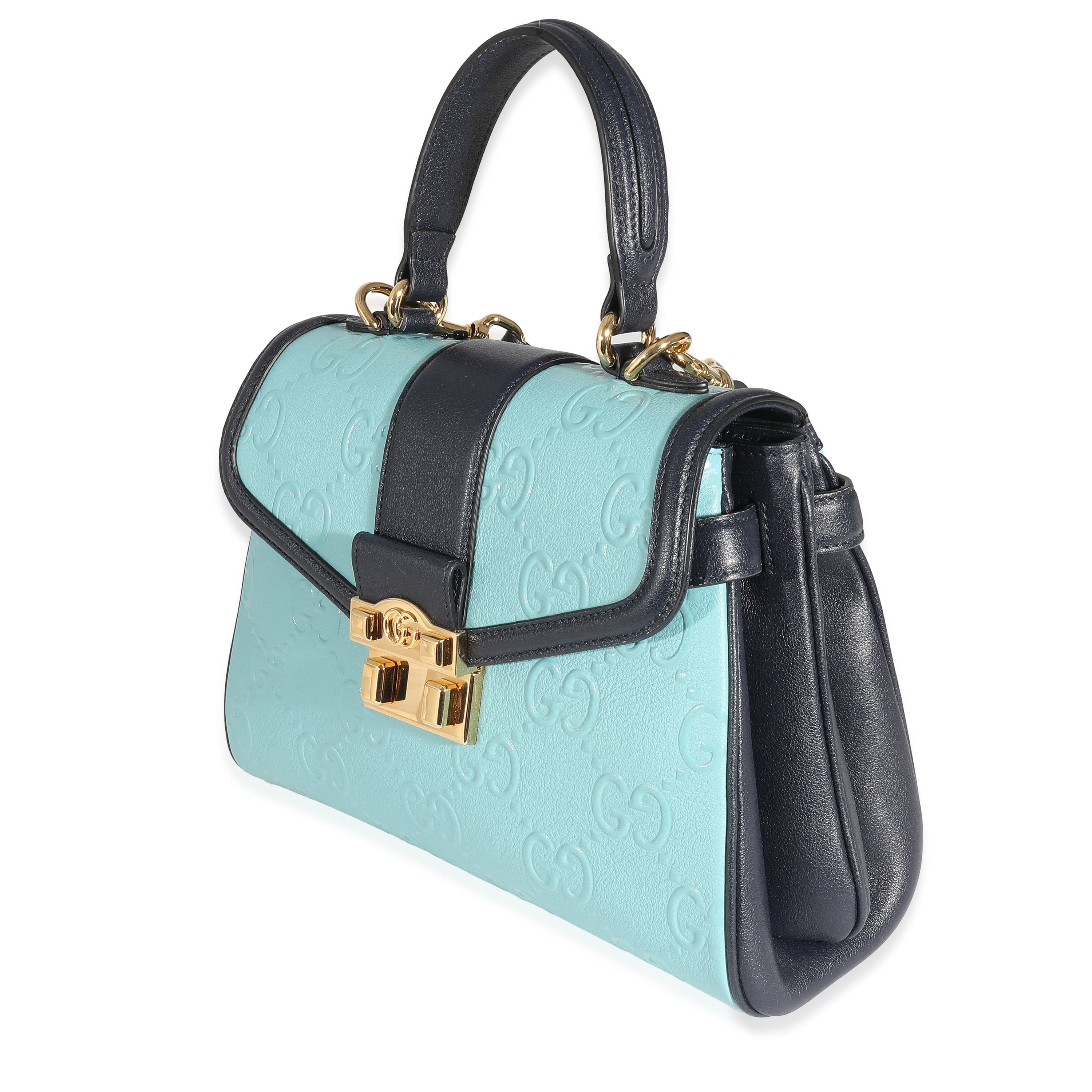 Gucci Gucci Blue Wonka Grain Calfskin GG Monogram Top Handle Bag