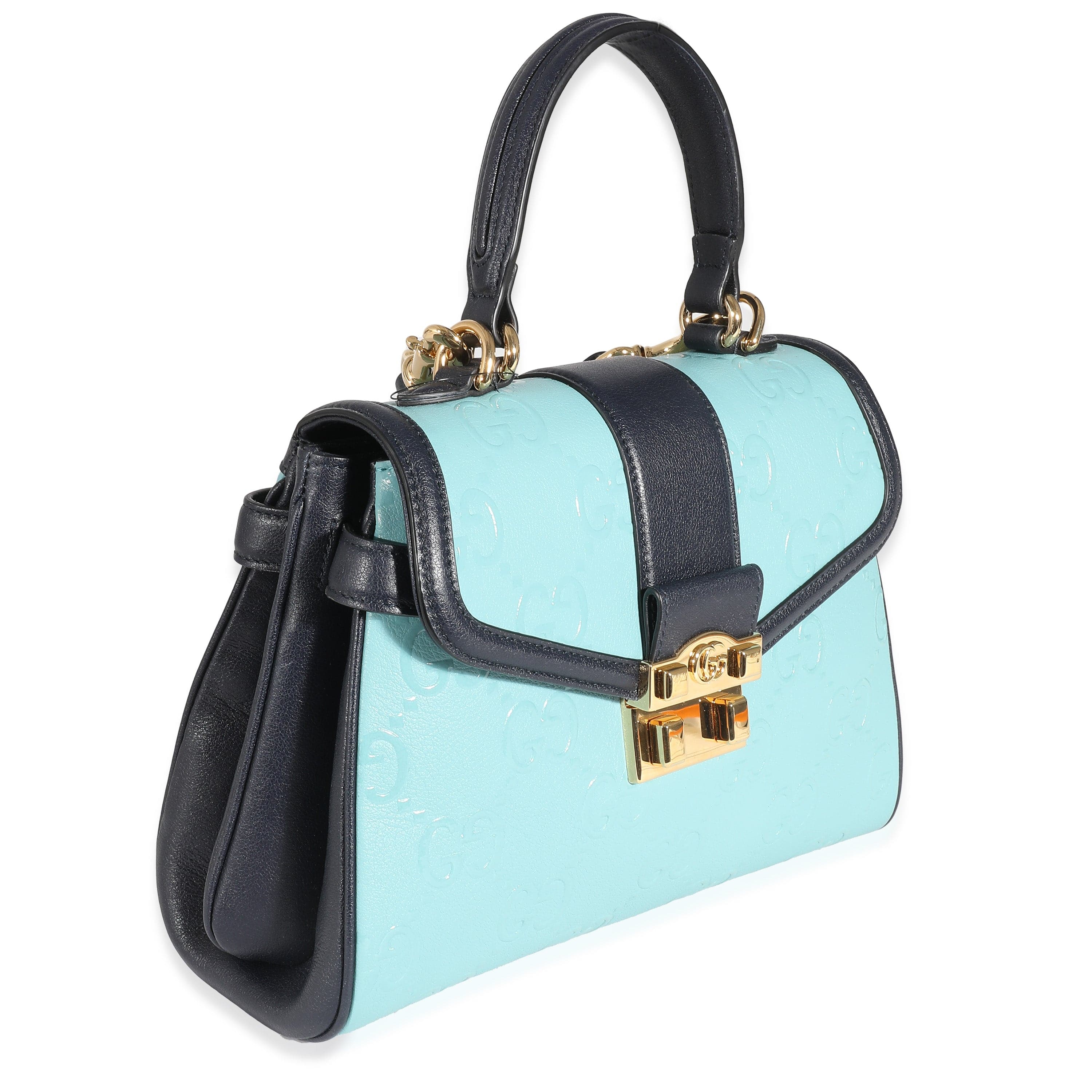 Gucci Gucci Blue Wonka Grain Calfskin GG Monogram Top Handle Bag