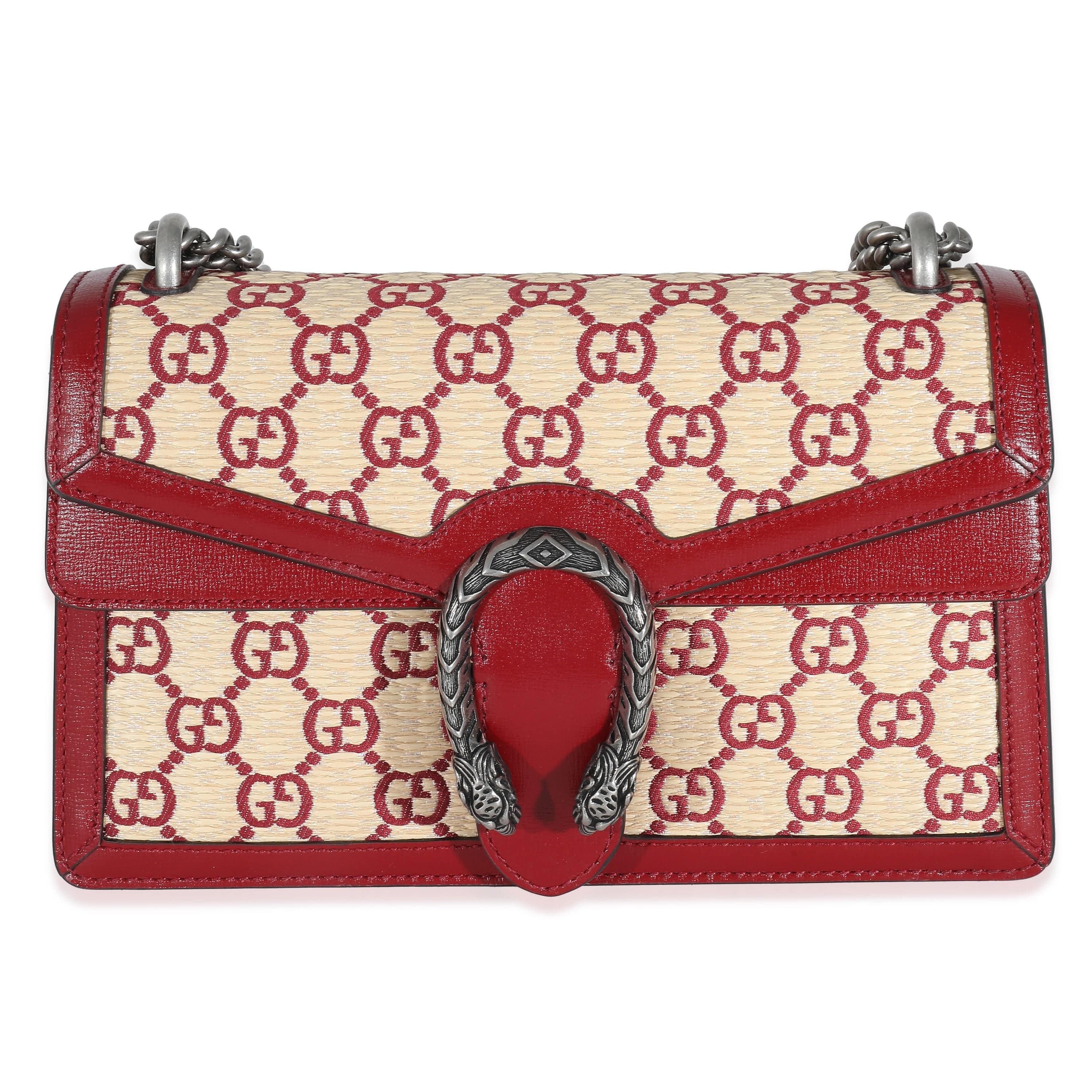 Gucci Gucci Natural Red Straw Azalea Calfskin GG Monogram Small Dionysus Bag