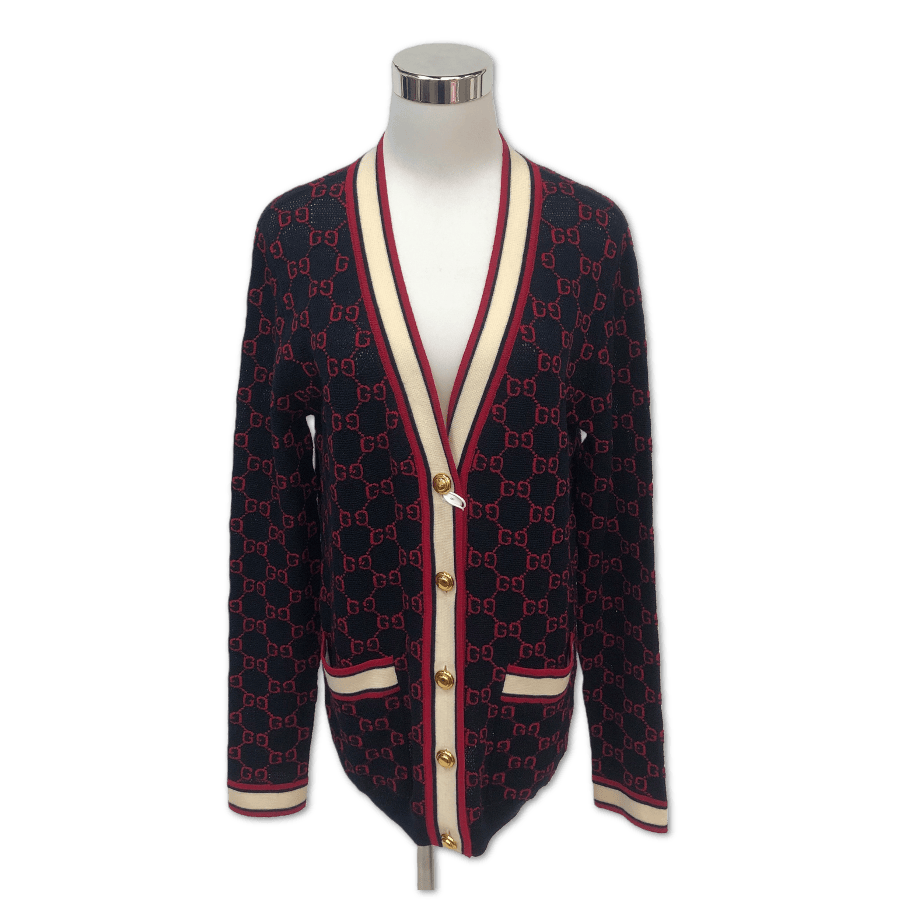 Gucci Gucci Navy / Red Monogram Wool Cardigan Size: S C18658836597