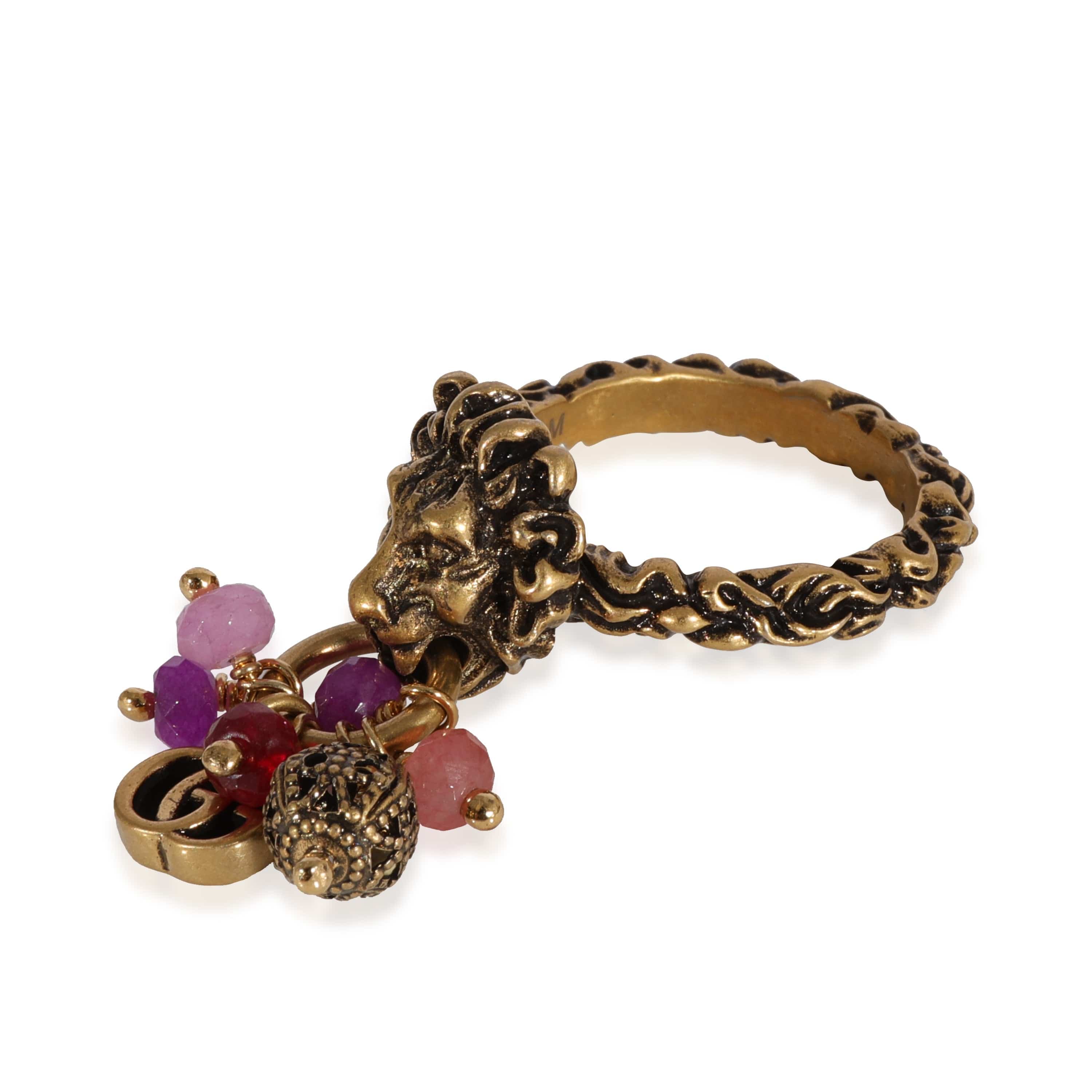 Gucci Gucci Brass Tone Lion Head & Beaded Charm Ring with Marmot GG