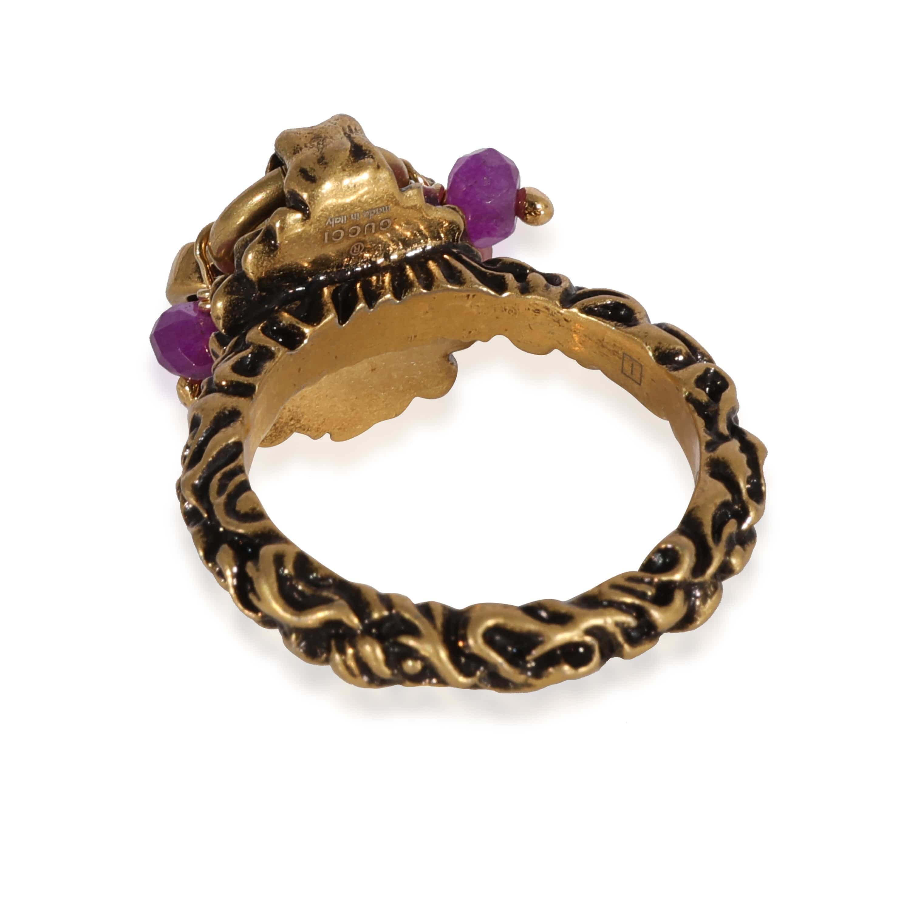 Gucci Gucci Brass Tone Lion Head & Beaded Charm Ring with Marmot GG