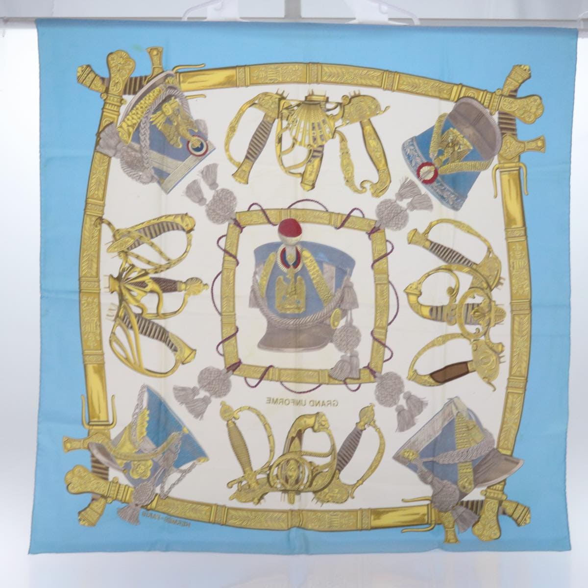 Hermès HERMES Carre 90 GRAND UNIFORME Scarf Silk Light Blue Auth cl819 DXBS0619