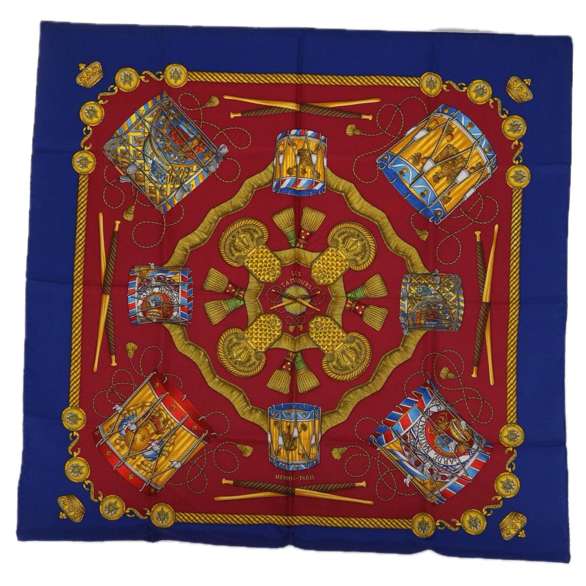 Hermès HERMES Carre 90 LES TAMBOURS Scarf Silk Red Blue Auth 63544 DXBS0704