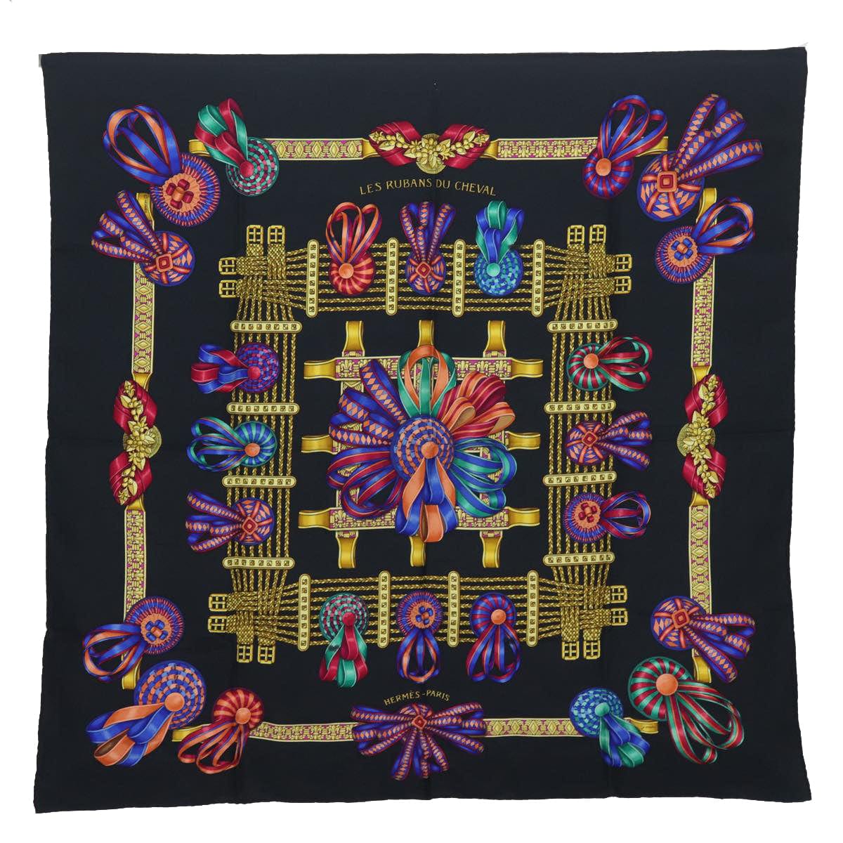 Hermès HERMES Carre 90 Scarf Horse ribbon Silk Black Auth ar12073 DXBS0678