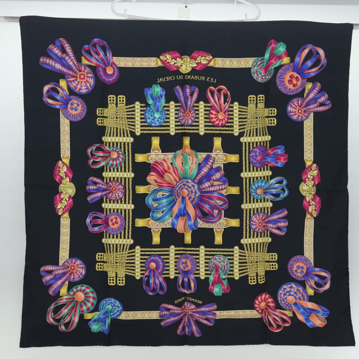 Hermès HERMES Carre 90 Scarf Horse ribbon Silk Black Auth ar12073 DXBS0678