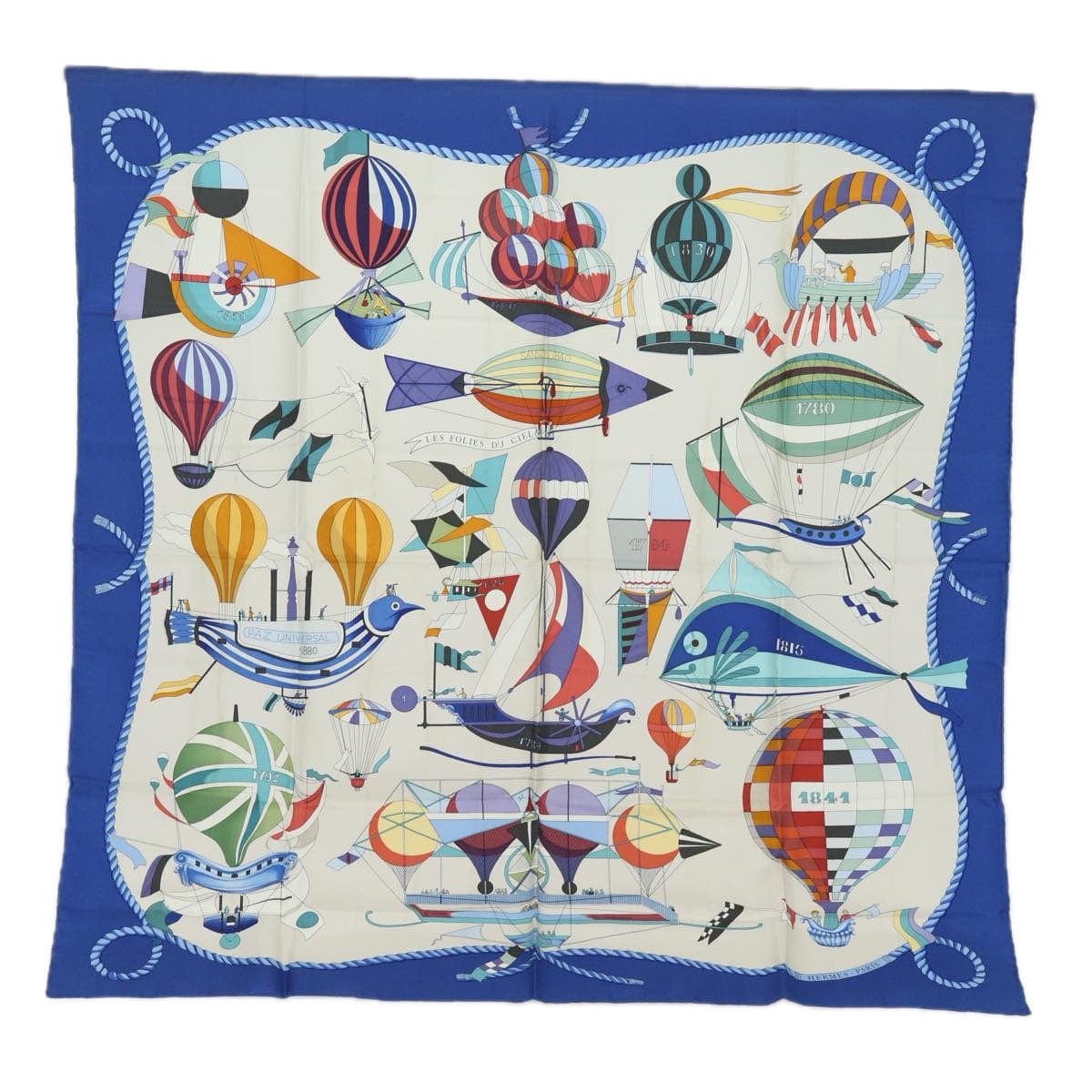 Hermès HERMES Carre 90 Scarf ""LES FOLIES DU CIEL"" Silk Blue Auth ac3031 DXBS0688