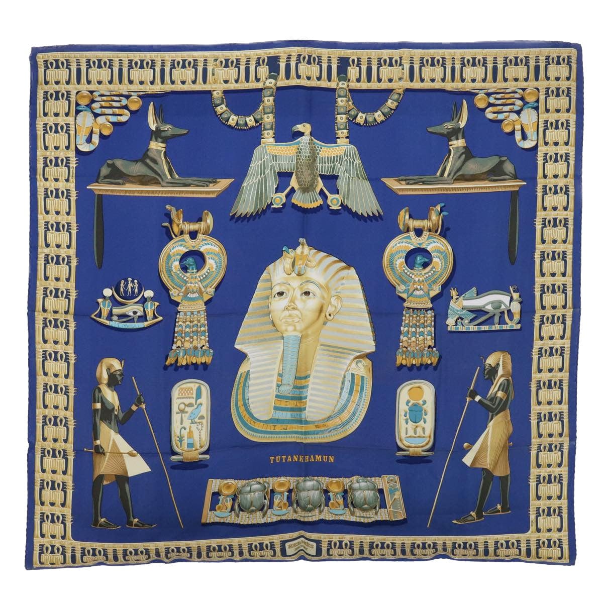 Hermès HERMES Carre 90 TUTANKHAMUN Scarf Silk Blue Auth ac2246 DXBS0628