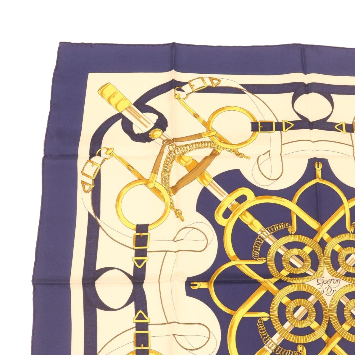 Hermès HERMES Carre90 Scarf """"""""EPERON D'OR"""""""" Silk Blue Auth am373b DXBS0726