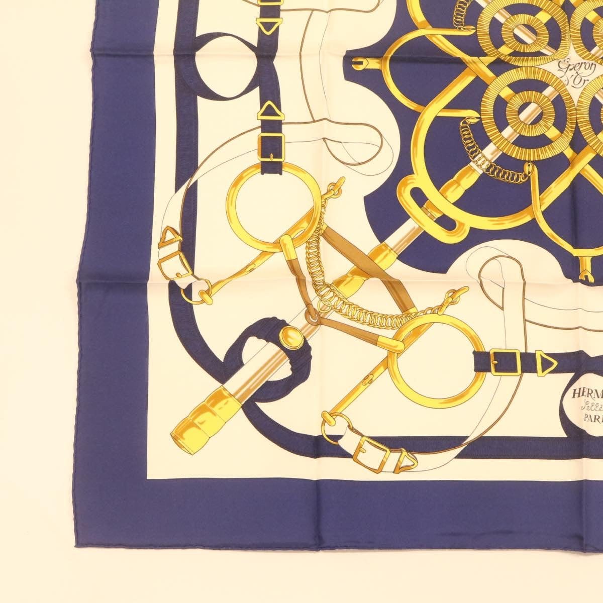 Hermès HERMES Carre90 Scarf """"""""EPERON D'OR"""""""" Silk Blue Auth am373b DXBS0726