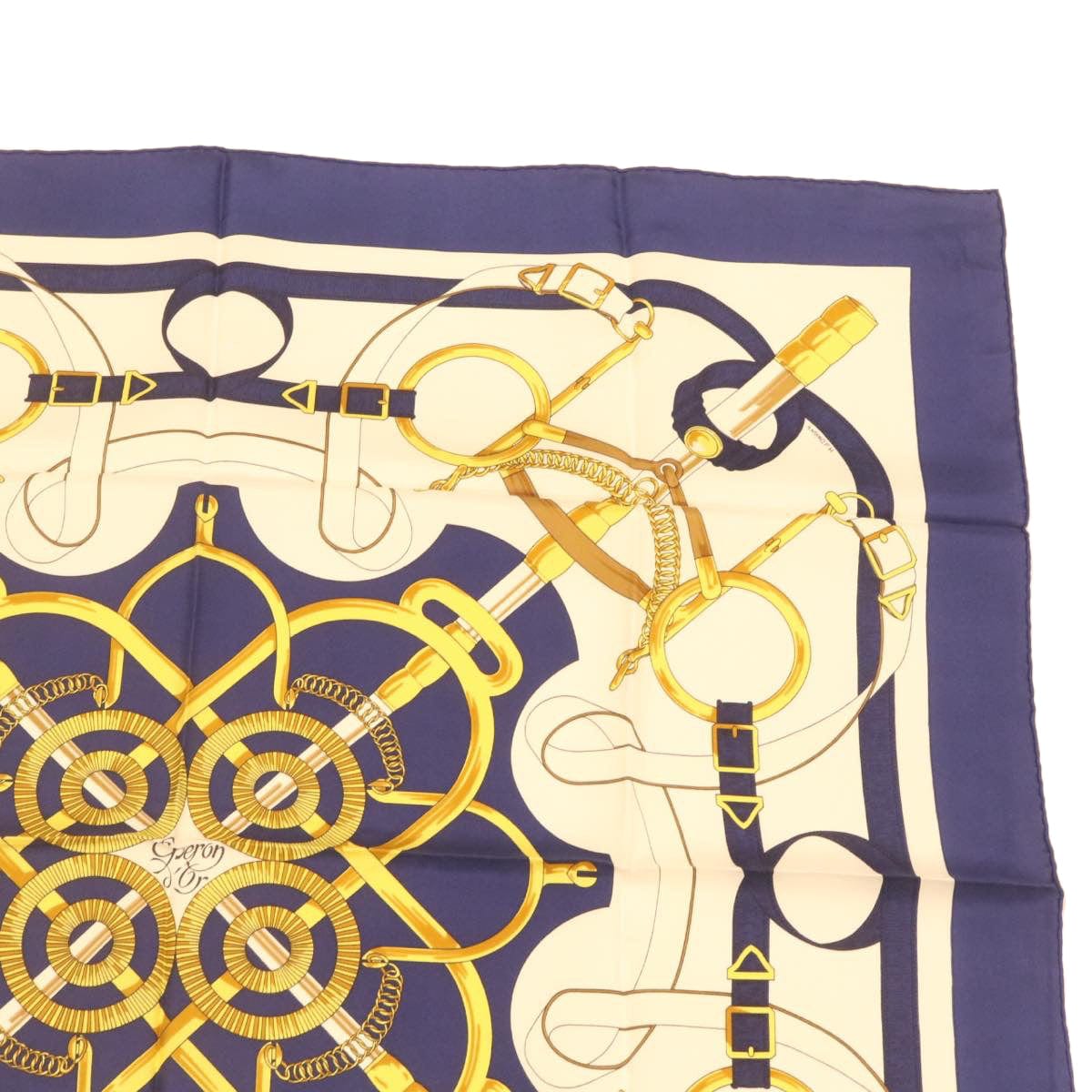 Hermès HERMES Carre90 Scarf """"""""EPERON D'OR"""""""" Silk Blue Auth am373b DXBS0726