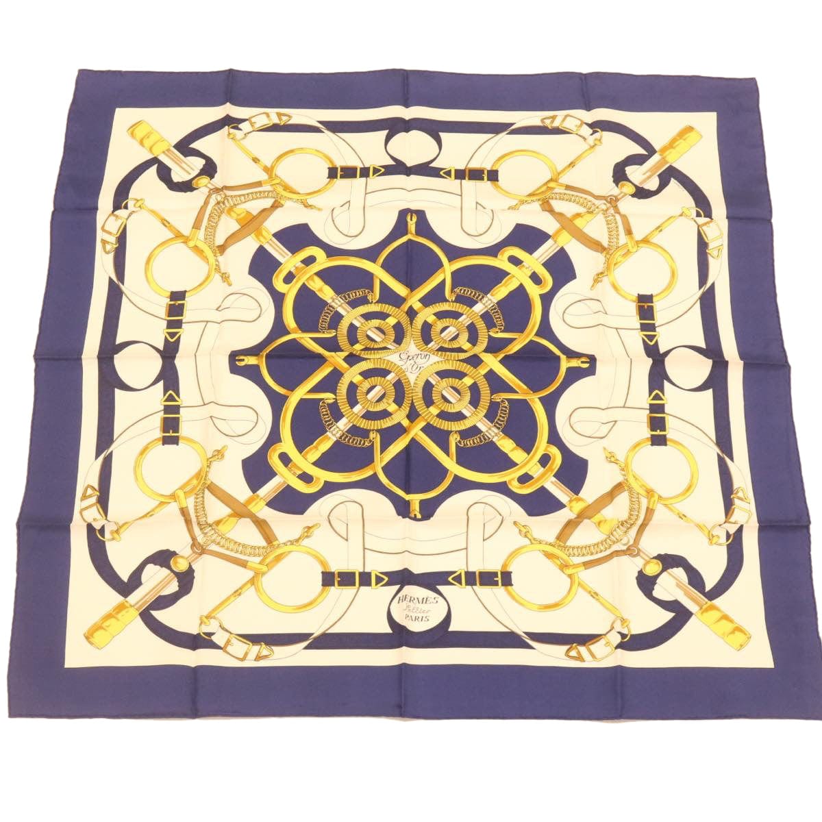 Hermès HERMES Carre90 Scarf """"""""EPERON D'OR"""""""" Silk Blue Auth am373b DXBS0726