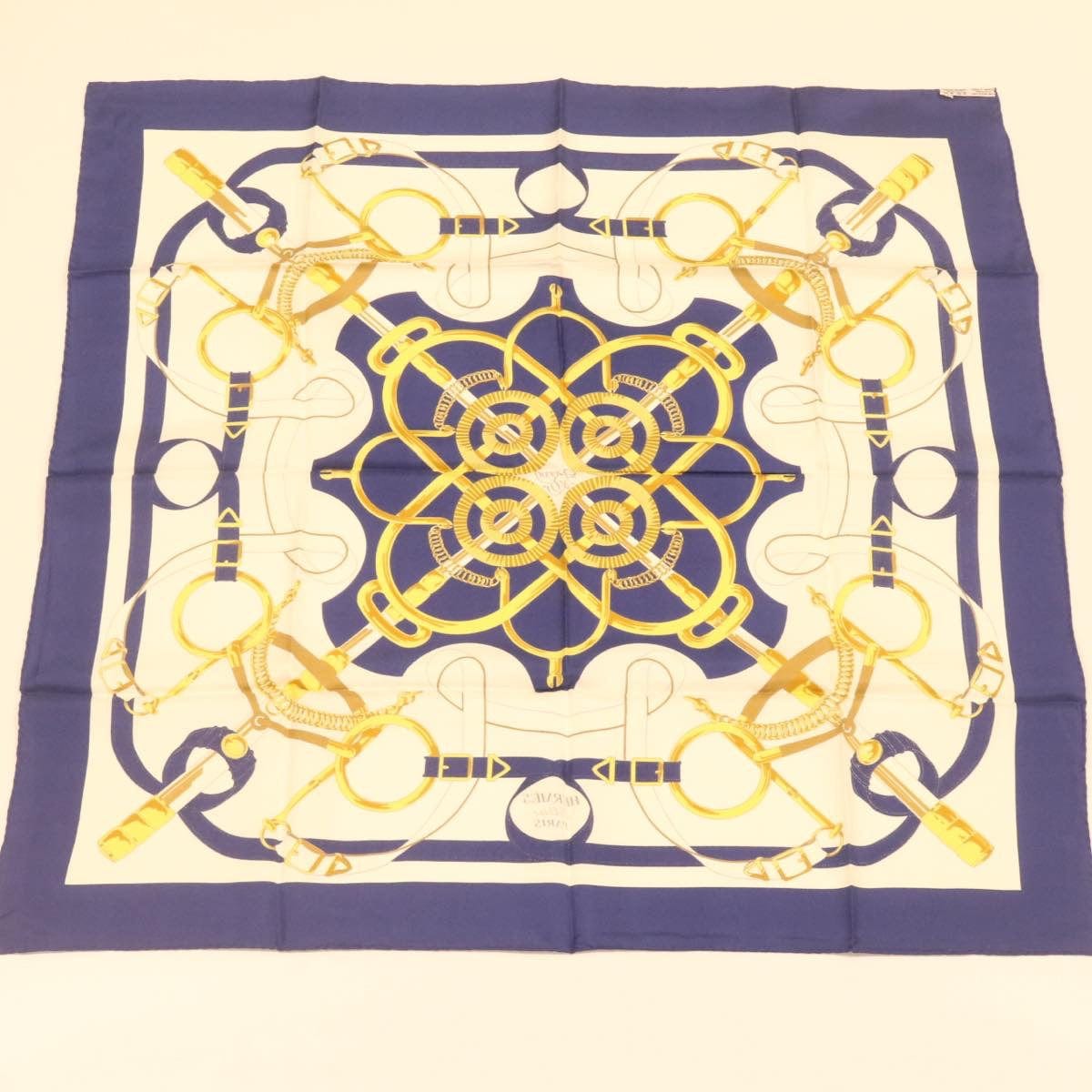 Hermès HERMES Carre90 Scarf """"""""EPERON D'OR"""""""" Silk Blue Auth am373b DXBS0726