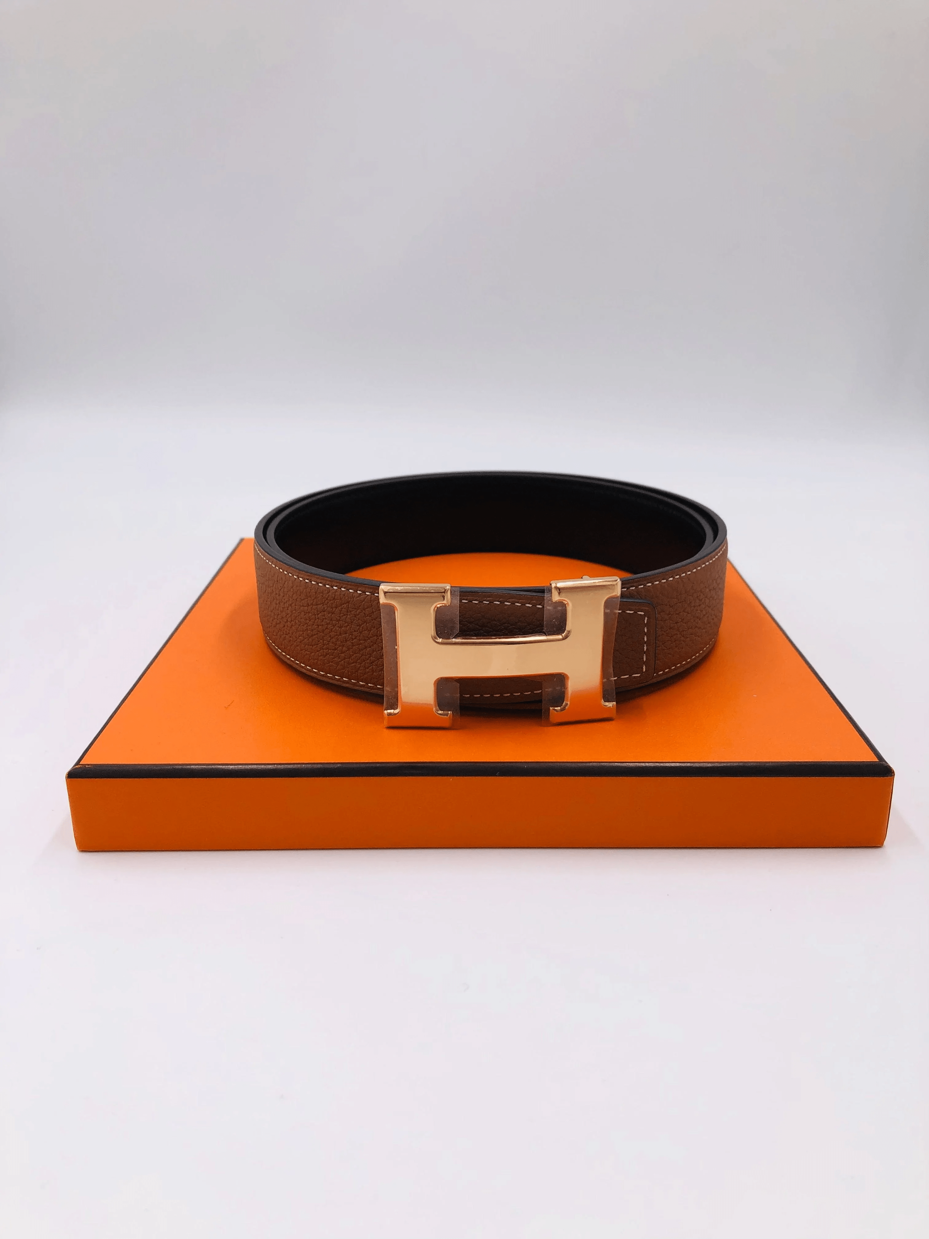 Hermes HERMÈS H ROSE GOLD BELT BUCKLE WITH LEATHER REVERSIBLE STRAP Gold & Black