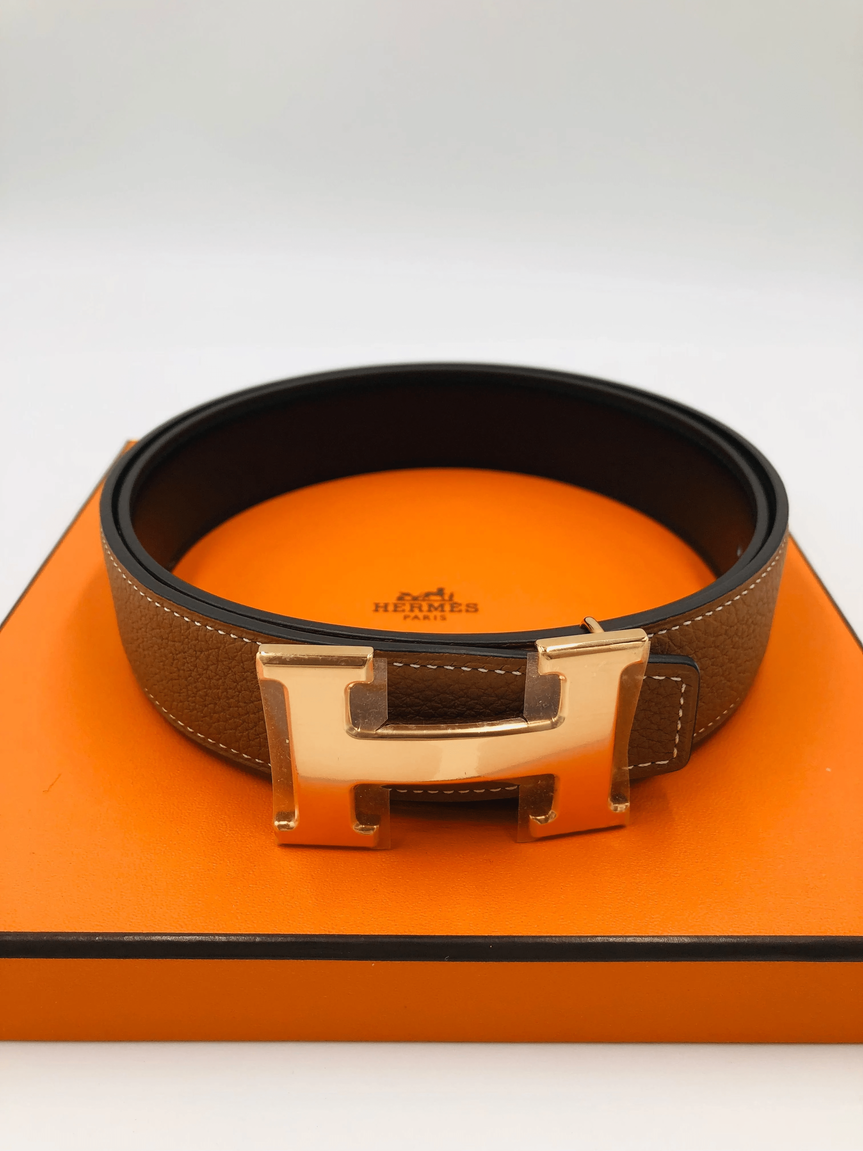 Hermes HERMÈS H ROSE GOLD BELT BUCKLE WITH LEATHER REVERSIBLE STRAP Gold & Black