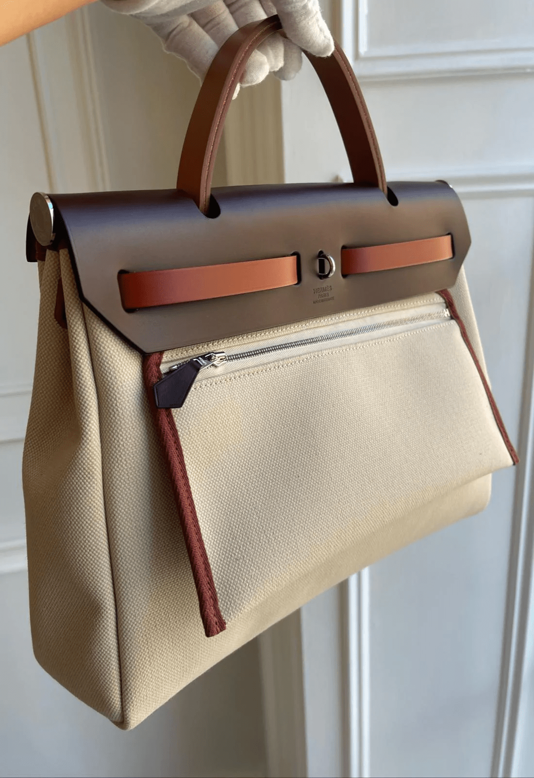 Hermes HERMÈS HERBAG 31CM BETON TOILE, ROUGE SELLIER, CUIVRE & FAUVE Canvas & Vache Hunter Leather with Palladium Hardware