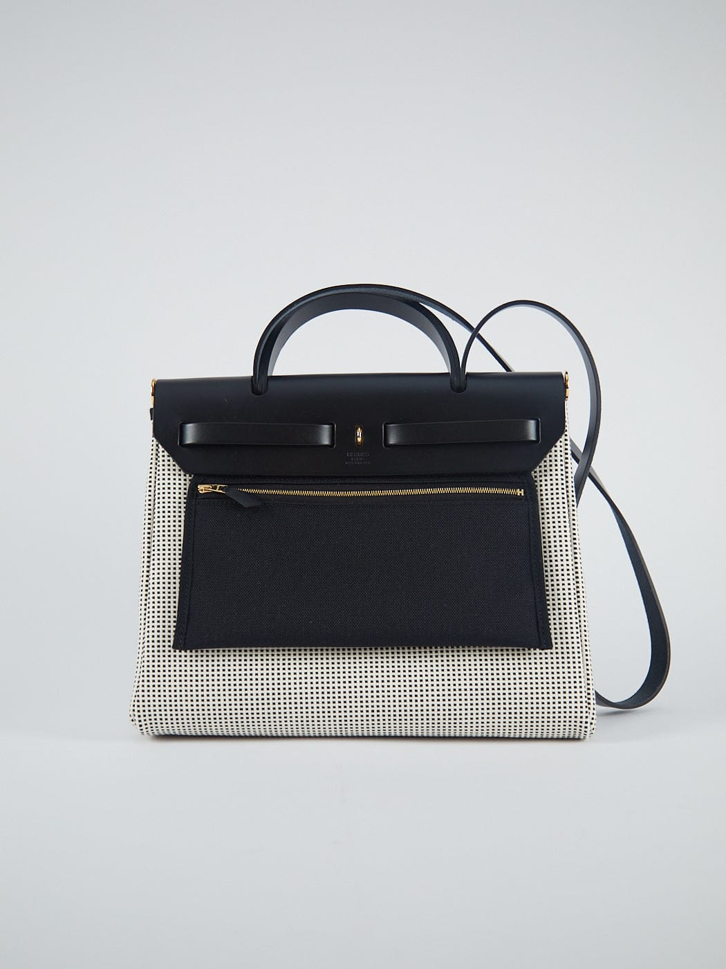 Hermes HERMÈS HERBAG 31CM BLACK & ECRU Canvas & Vache Hunter Leather with Gold Hardware