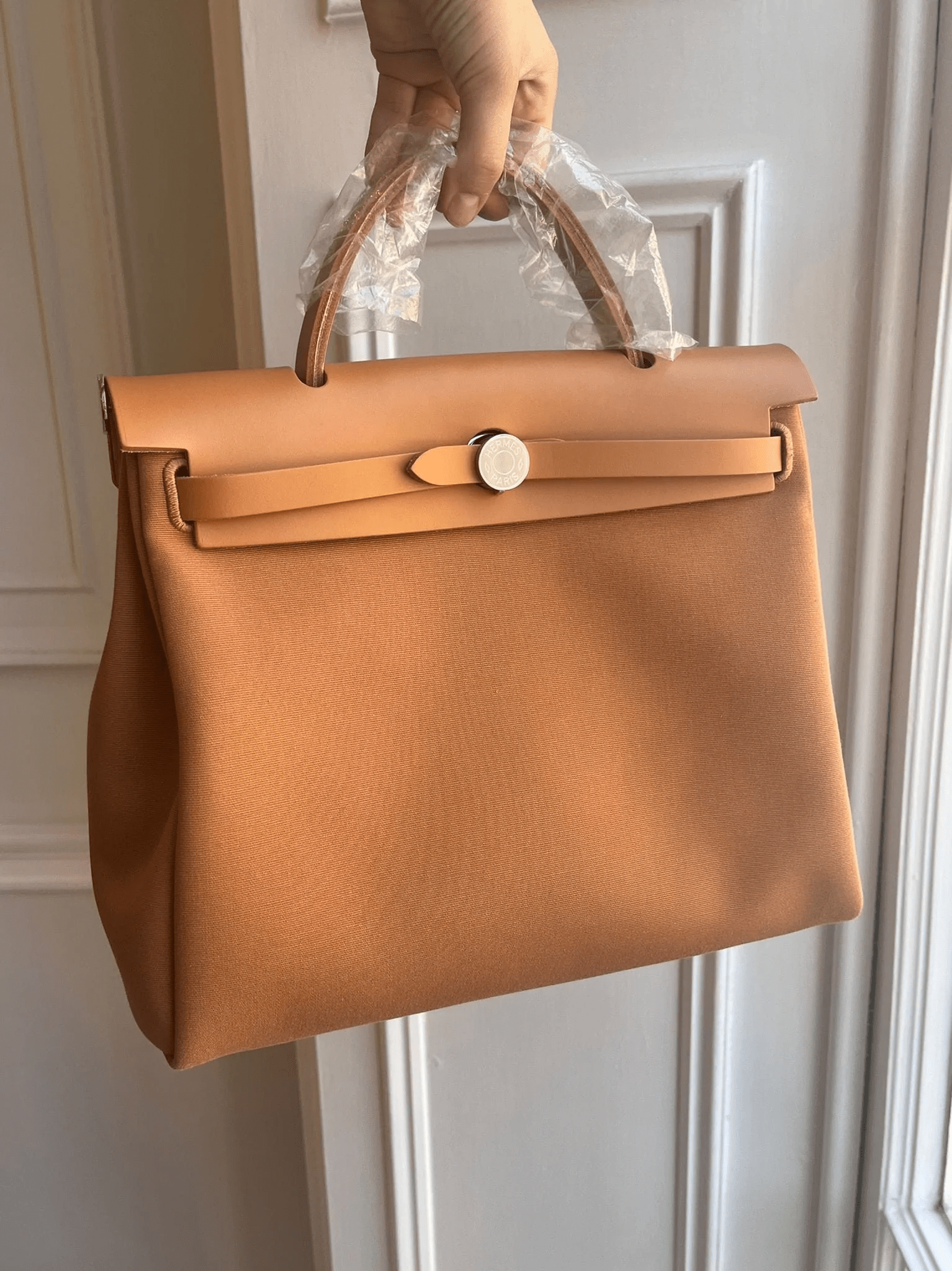 Hermes HERMÈS HERBAG 31CM "VERSO" DUNE & ETOUPE Toile & Vache Leather with Palladium Hardware